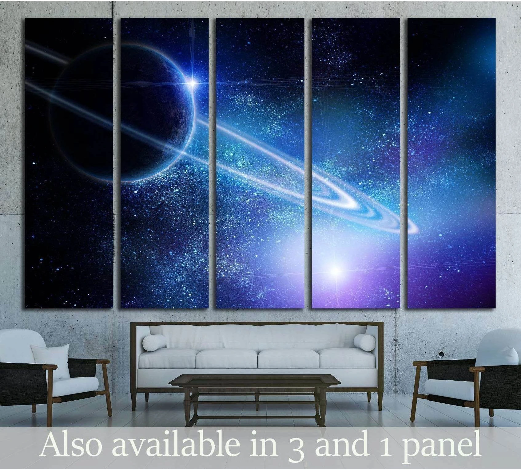 Five-panel Saturn canvas print with glowing rings in blue space above a sofa in a modern living room