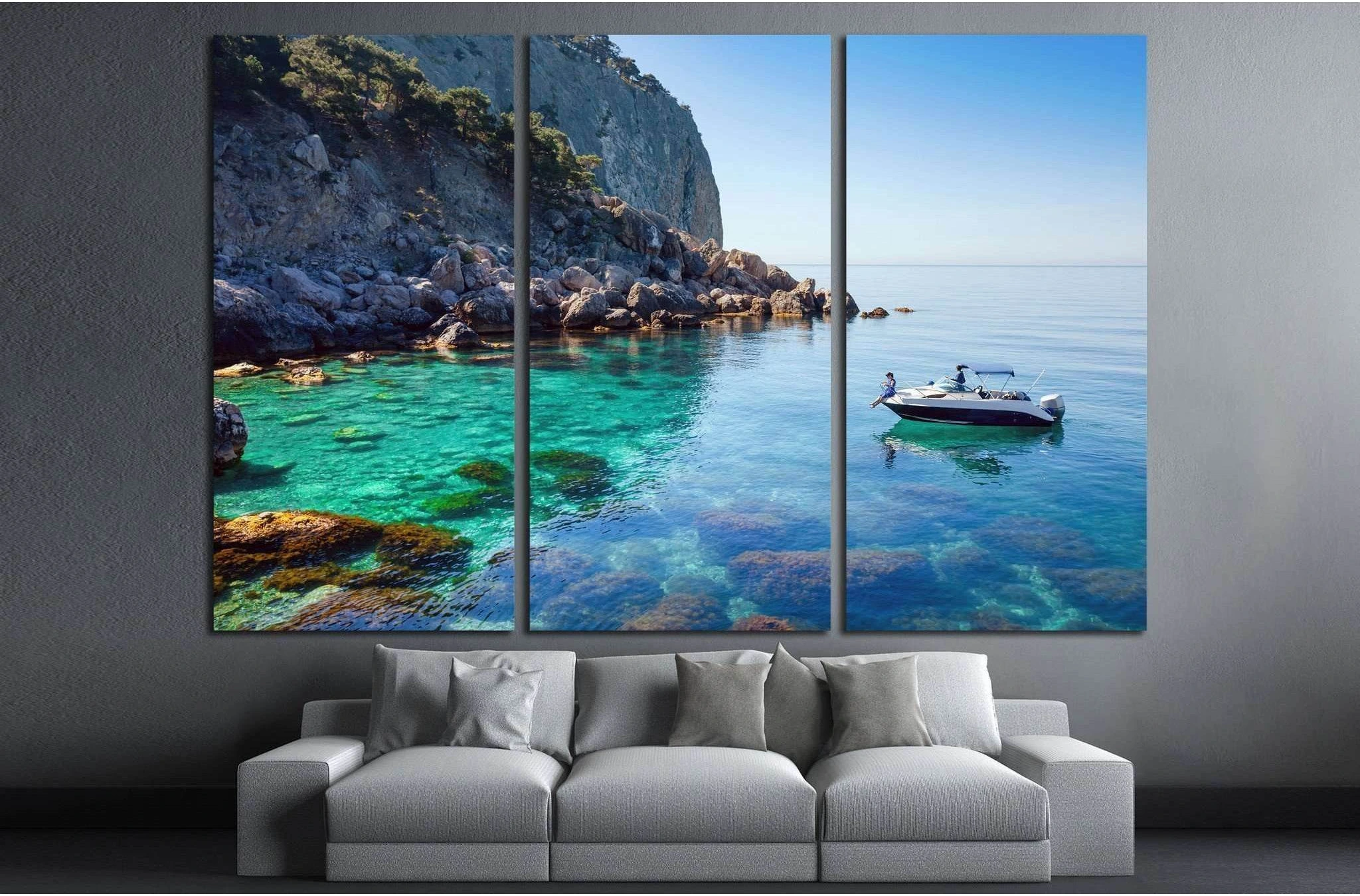 Recreation on the boat near the shore of a beautiful mountain №1409 Ready to Hang Canvas Print - Zellart Canvas Prints ALL_Products, s-1409
