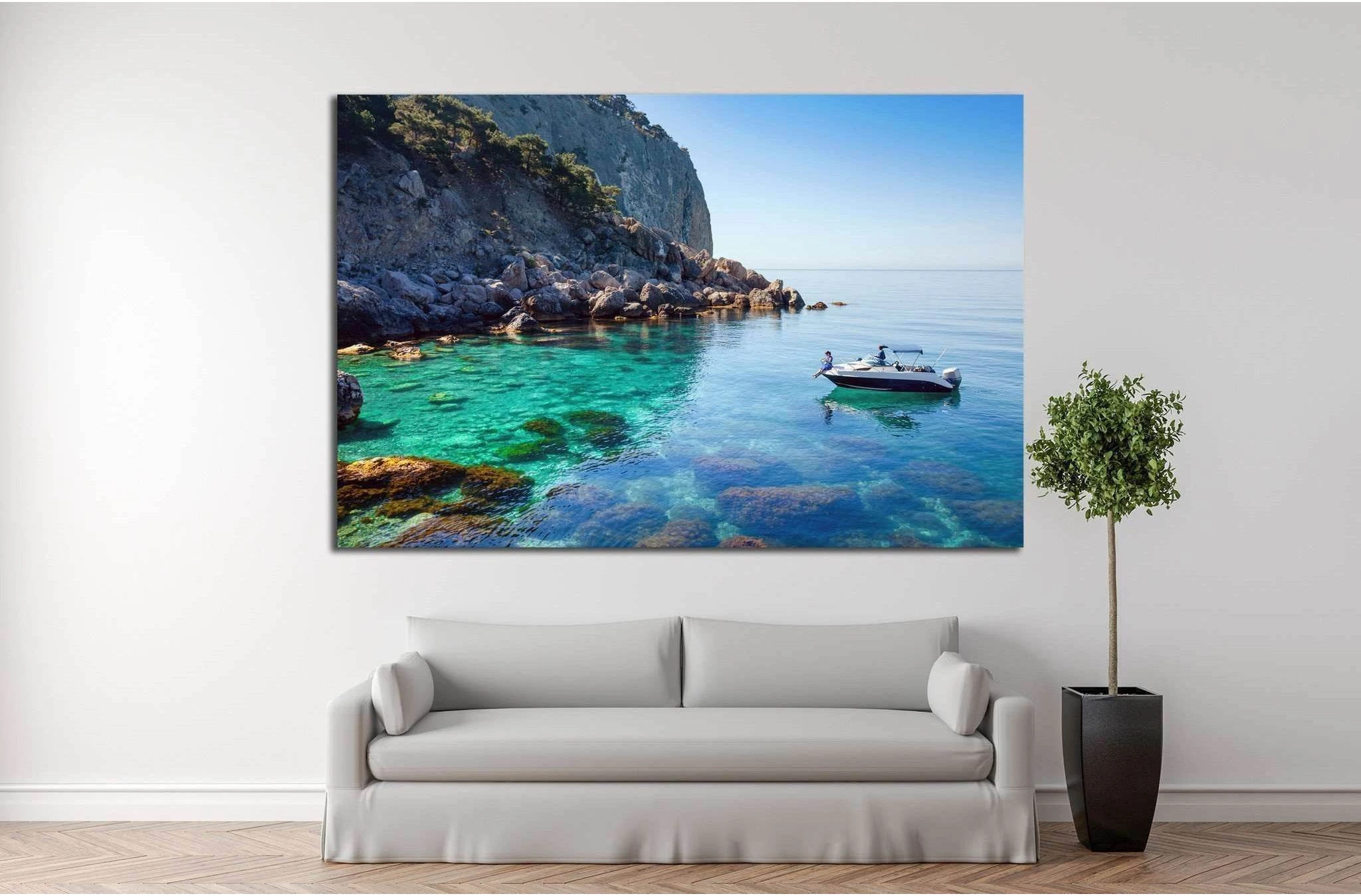 Recreation on the boat near the shore of a beautiful mountain №1409 Ready to Hang Canvas Print - Zellart Canvas Prints ALL_Products, s-1409