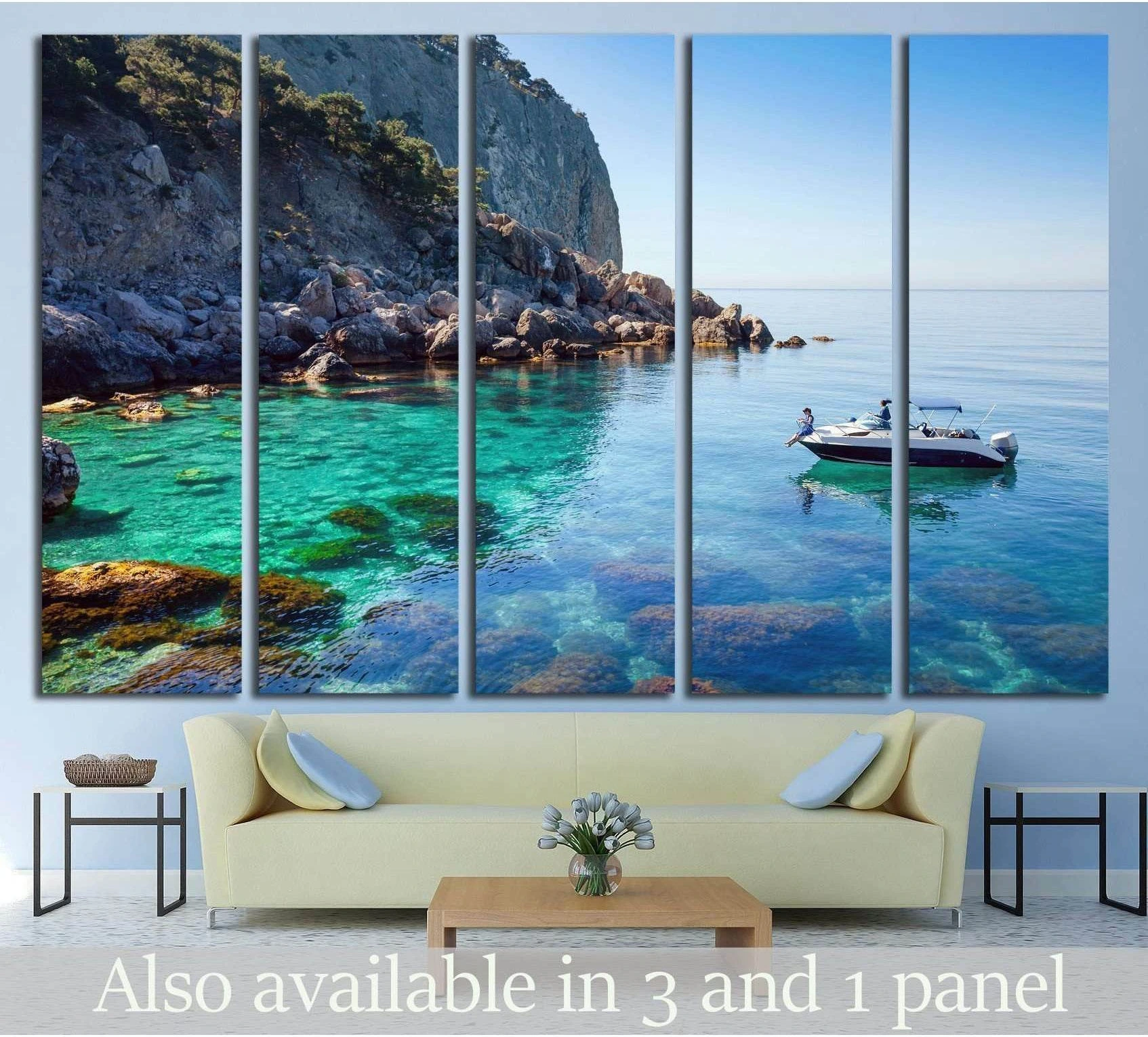Recreation on the boat near the shore of a beautiful mountain showing sea water, shoreline and horizon depth.