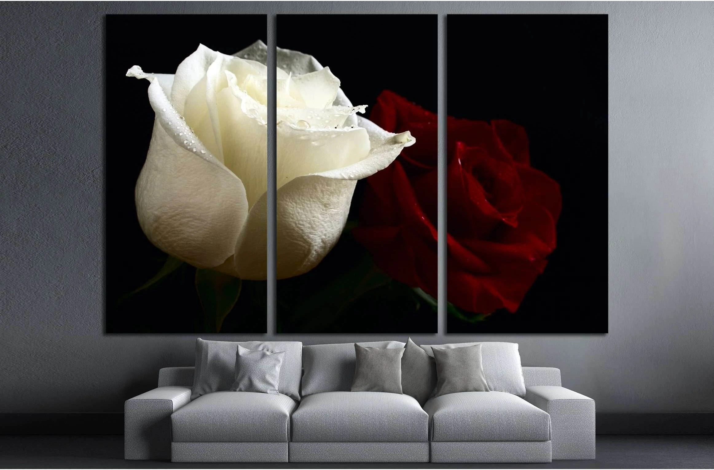 red and white roses with water drop on black background №3275 Ready to Hang Canvas Print - Zellart Canvas Prints ALL_Products, s-3275