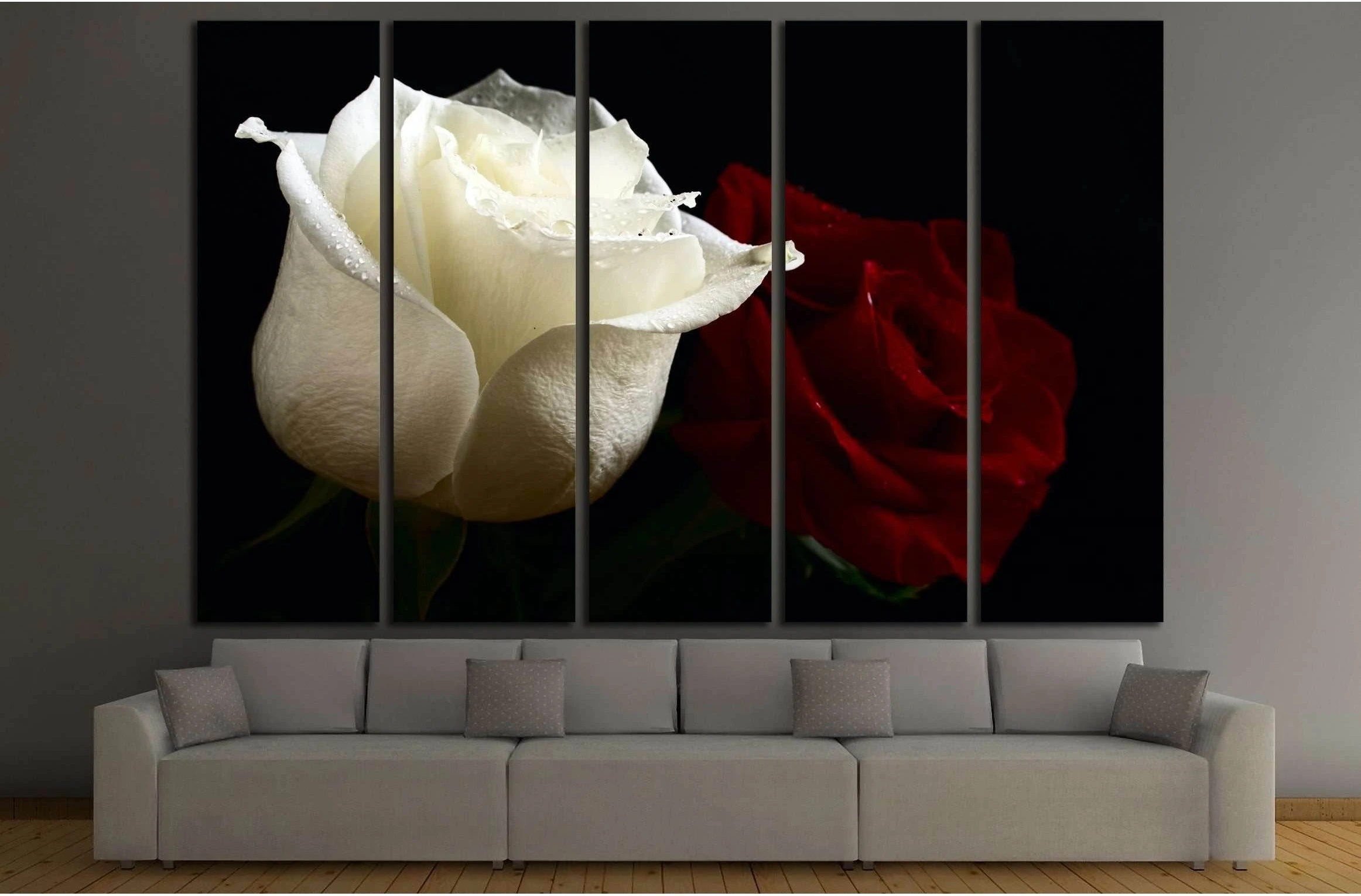 red and white roses with water drop on black background №3275 Ready to Hang Canvas Print - Zellart Canvas Prints ALL_Products, s-3275