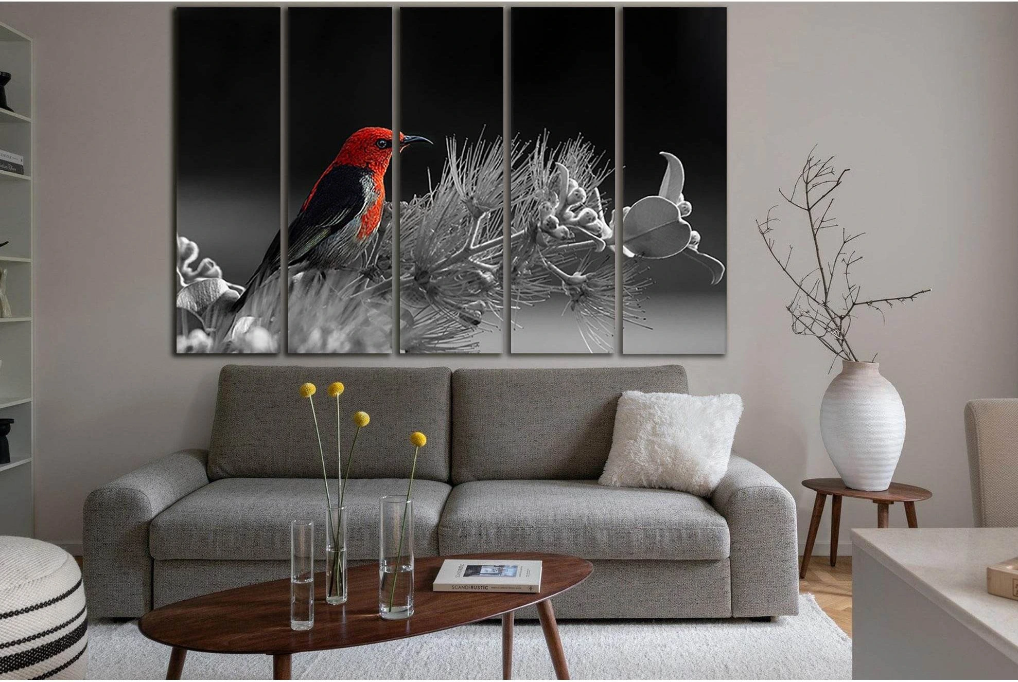 Red Bird On A Flower Black And White №SL848 Ready to Hang Canvas Print - Zellart Canvas Prints 0new, ALL_Products, Black & White Wall Art