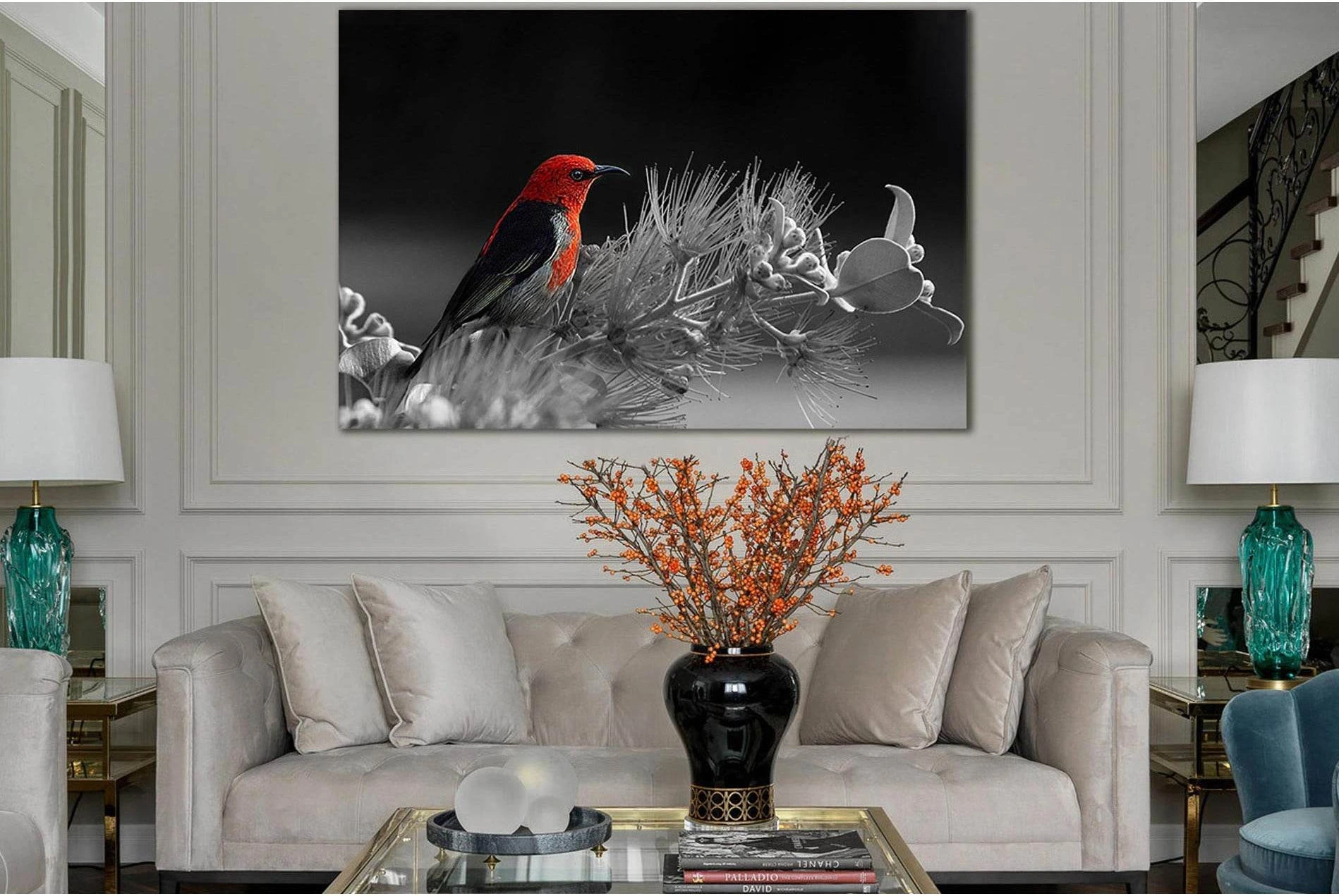 Red Bird On A Flower Black And White №SL848 Ready to Hang Canvas Print - Zellart Canvas Prints 0new, ALL_Products, Black & White Wall Art