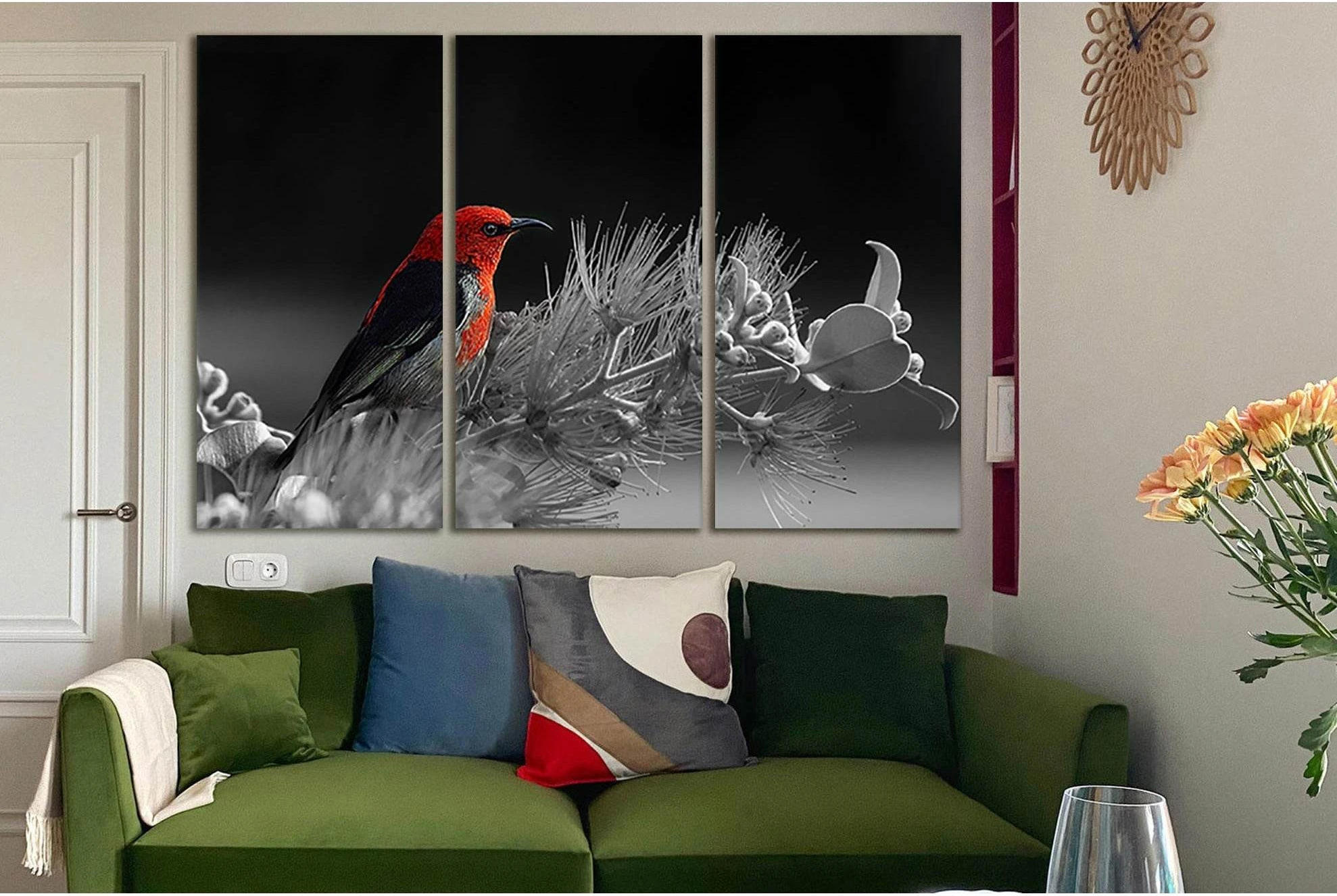 Red Bird On A Flower Black And White №SL848 Ready to Hang Canvas Print - Zellart Canvas Prints 0new, ALL_Products, Black & White Wall Art