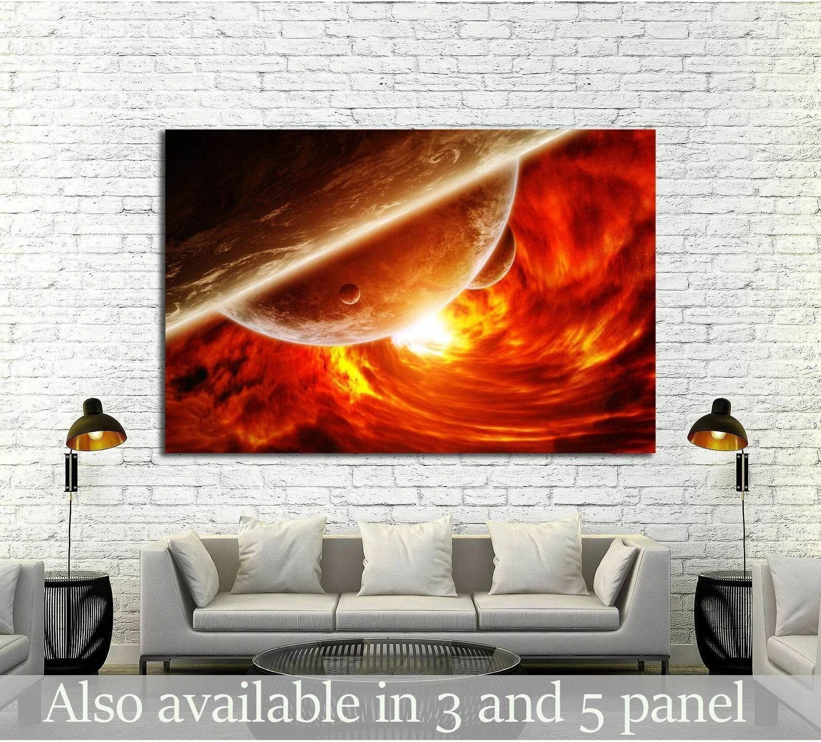 Fiery black hole canvas print with red planet vortex hung above a sofa in a modern living room