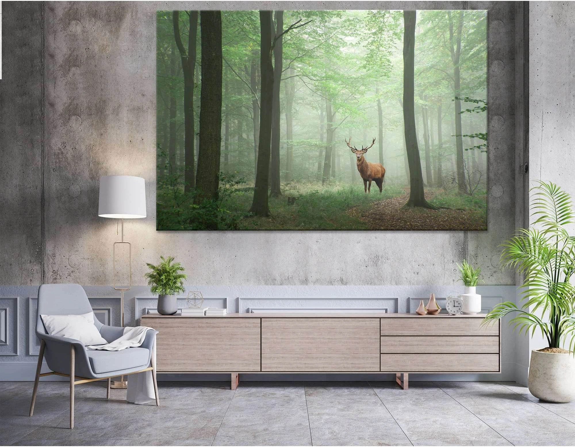 Red deer stag in Lush green fairytale in froggy forest №04142 Ready to Hang Canvas Print - Zellart Canvas Prints ALL_Products