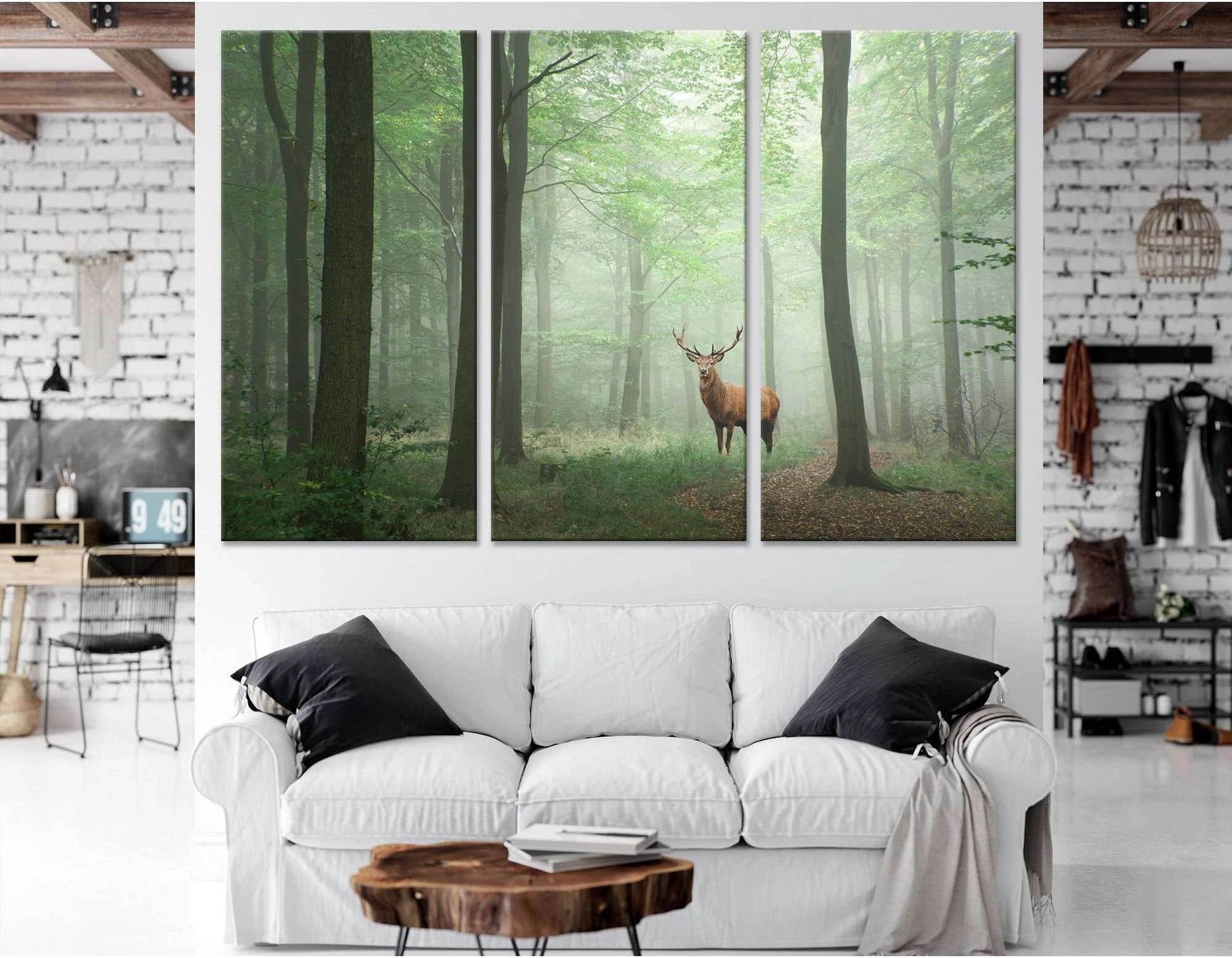 Red deer stag in Lush green fairytale in froggy forest №04142 Ready to Hang Canvas Print - Zellart Canvas Prints ALL_Products