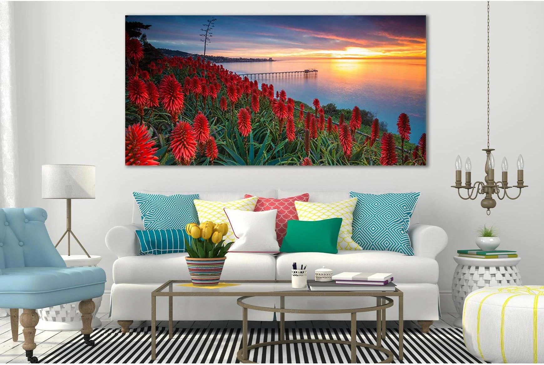 Red Flowers Pier Sunset №SL234 Ready to Hang Canvas Print - Zellart Canvas Prints 0new, ALL_Products, SUNRISE & SUNSET WALL ART