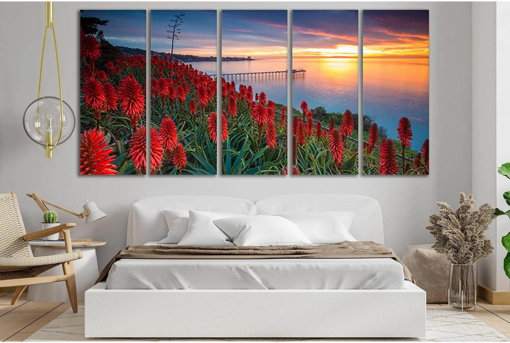 Red Flowers Pier Sunset №SL234 Ready to Hang Canvas Print - Zellart Canvas Prints 0new, ALL_Products, SUNRISE & SUNSET WALL ART