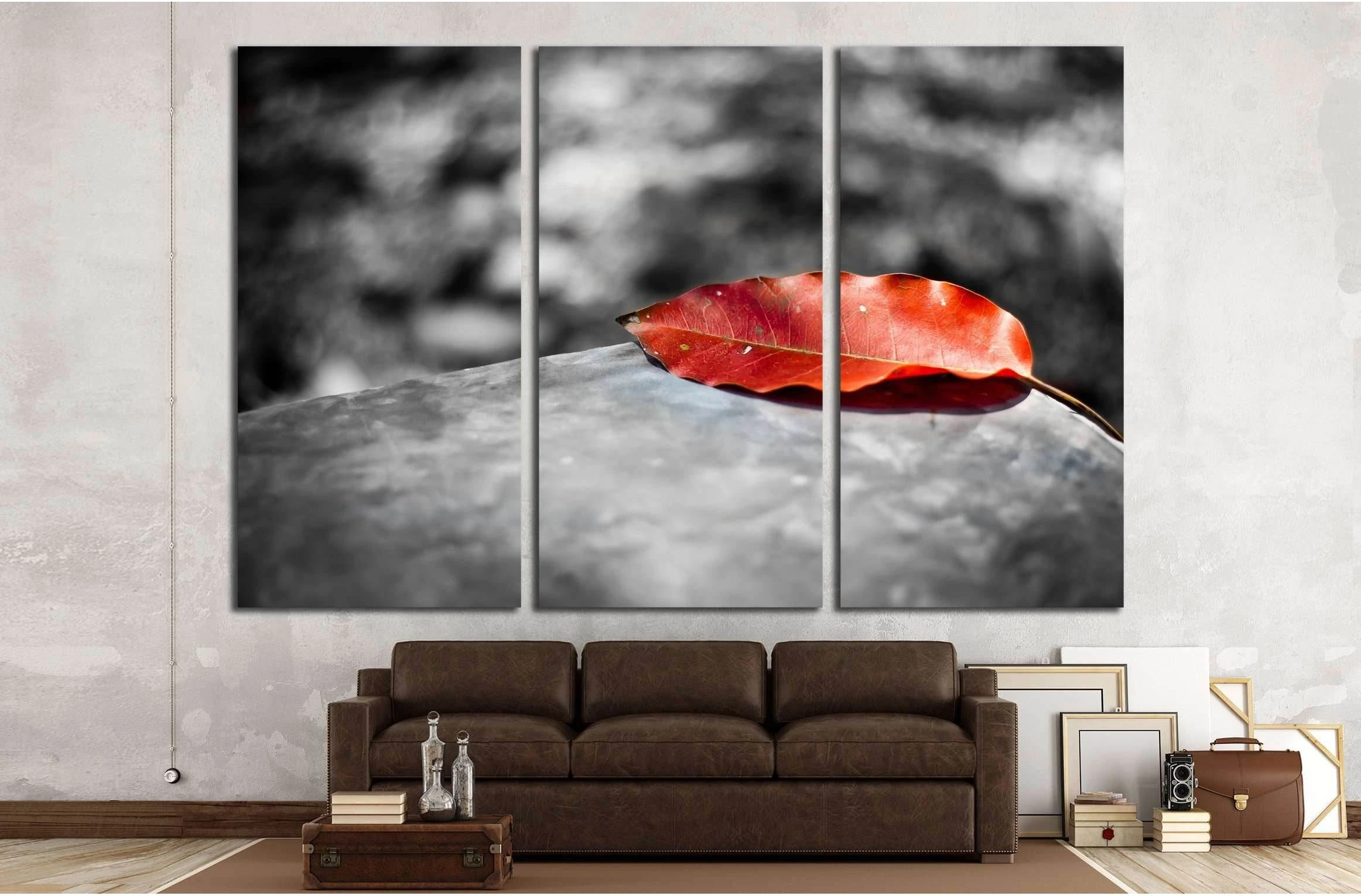 Red leaf on black and white background №3025 Ready to Hang Canvas Print - Zellart Canvas Prints ALL_Products, s-3025
