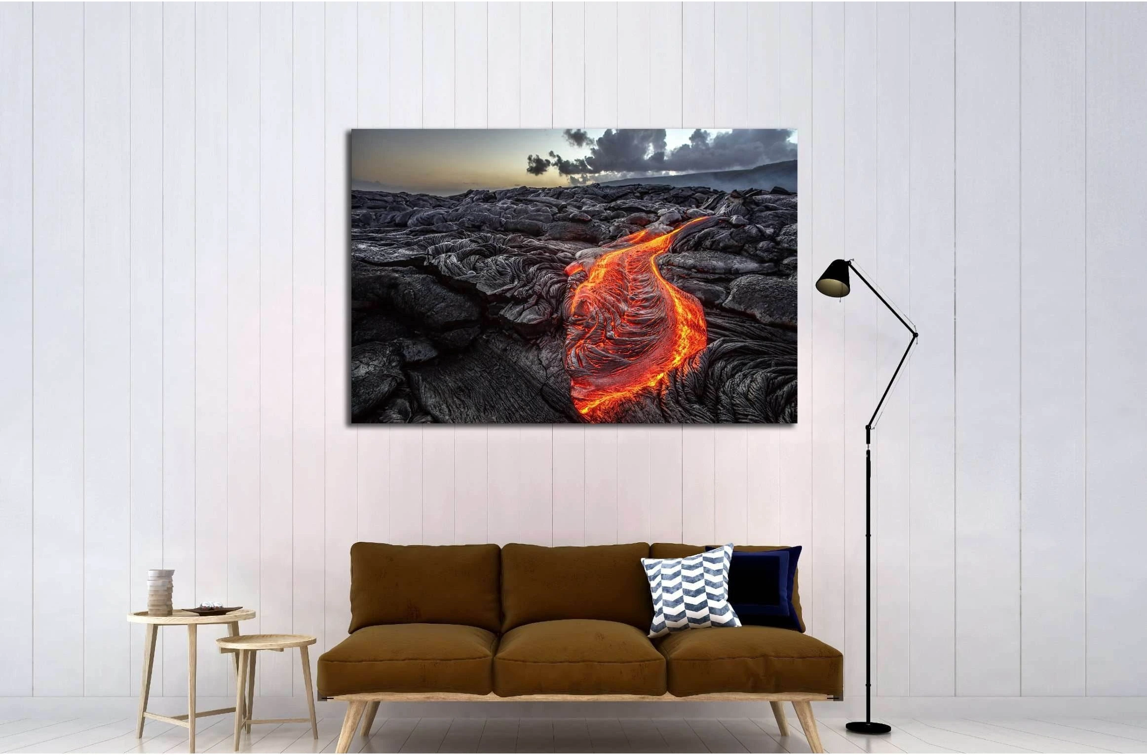 Red Orange vibrant Molten Lava flowing onto grey lavafield. Hawaii №2907 Ready to Hang Canvas Print - Zellart Canvas Prints ALL_Products, s-2907