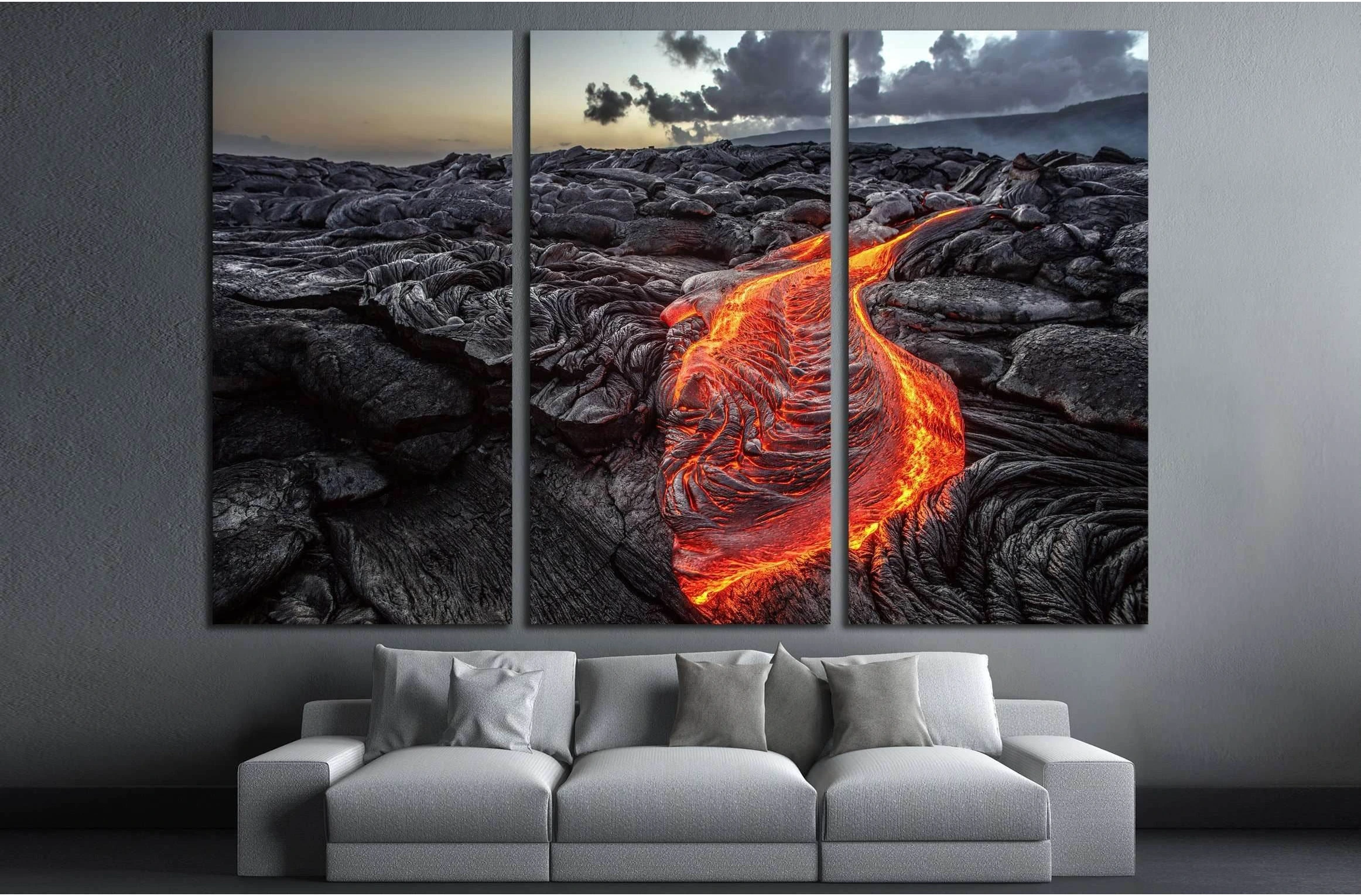 Red Orange vibrant Molten Lava flowing onto grey lavafield. Hawaii №2907 Ready to Hang Canvas Print - Zellart Canvas Prints ALL_Products, s-2907