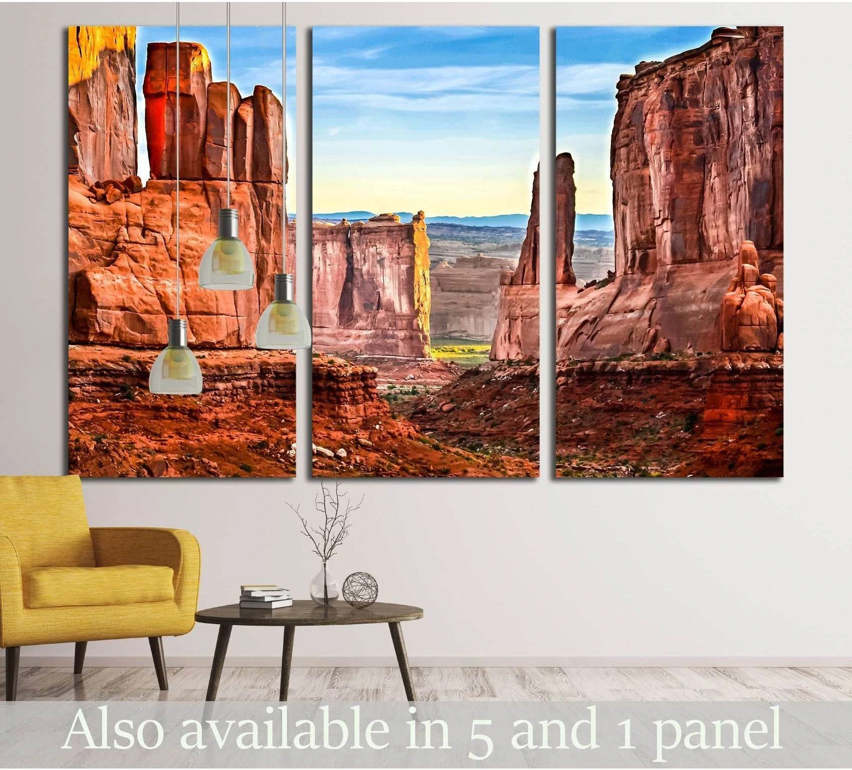 Red rock canyon triptych canvas print with towering sandstone cliffs in a modern living room