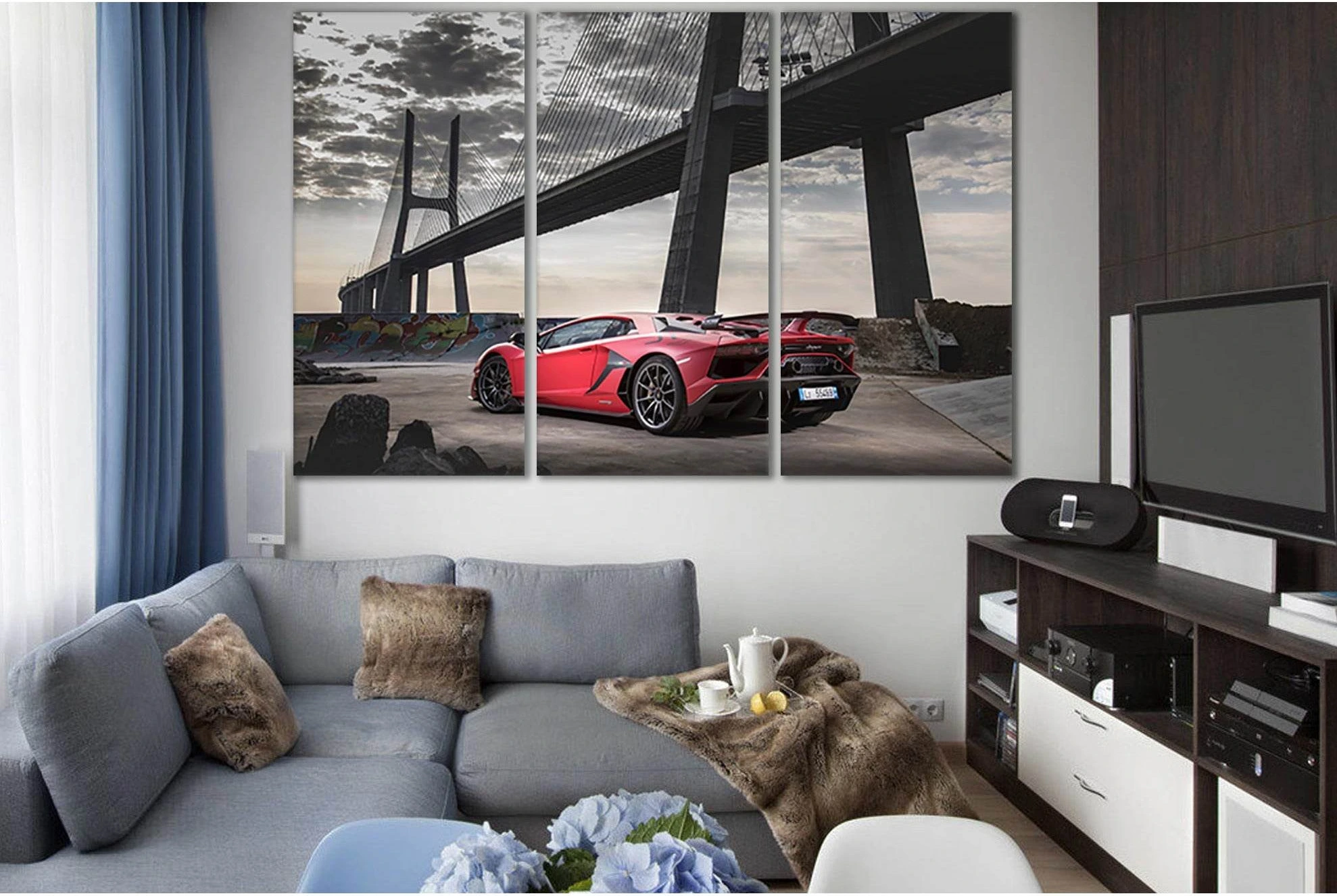 Red Sports Car Near The Bridge №SL1127 Ready to Hang Canvas Print - Zellart Canvas Prints 0new, ALL_Products, Bridges Wall Art