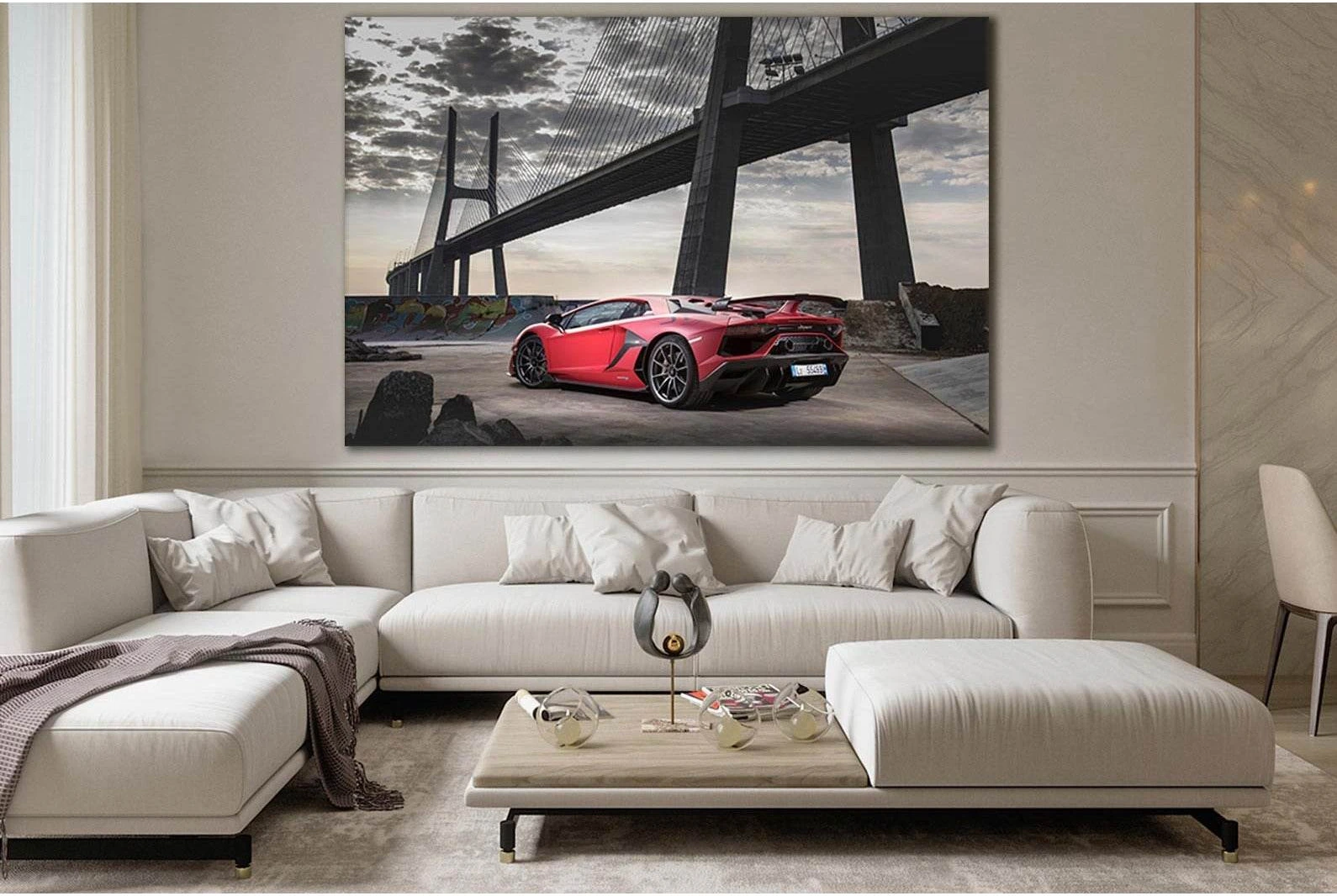 Red Sports Car Near The Bridge №SL1127 Ready to Hang Canvas Print - Zellart Canvas Prints 0new, ALL_Products, Bridges Wall Art