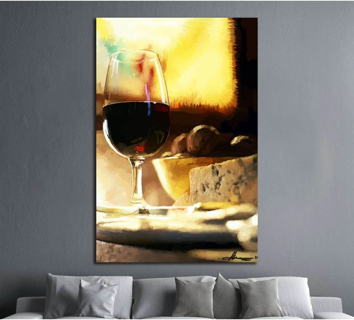Red wine and cheese still life canvas print hung above a gray sofa in a modern living room