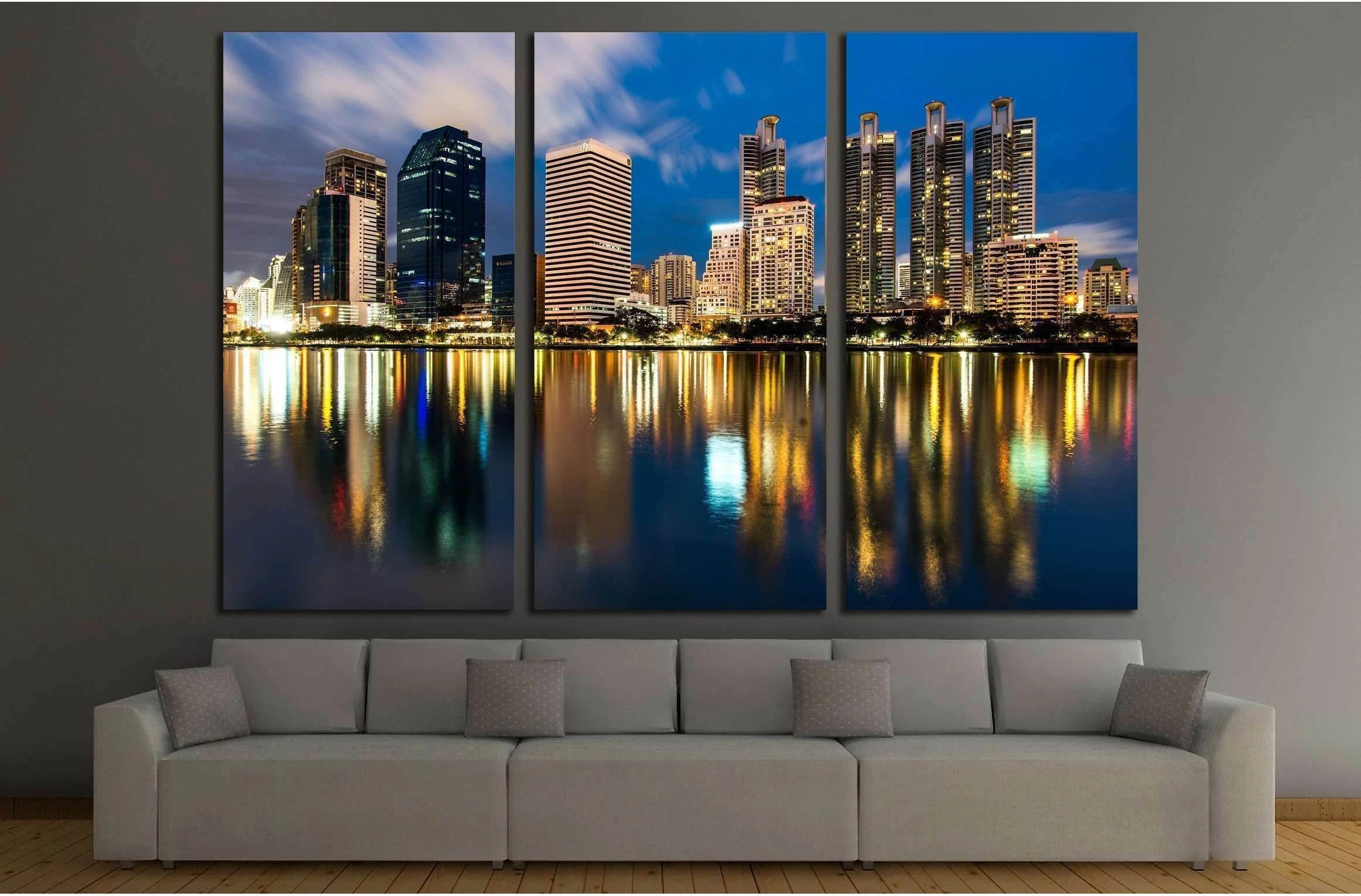 reflection of lighting city scape at night, bangkok №2260 Ready to Hang Canvas Print - Zellart Canvas Prints ALL_Products, s-2260
