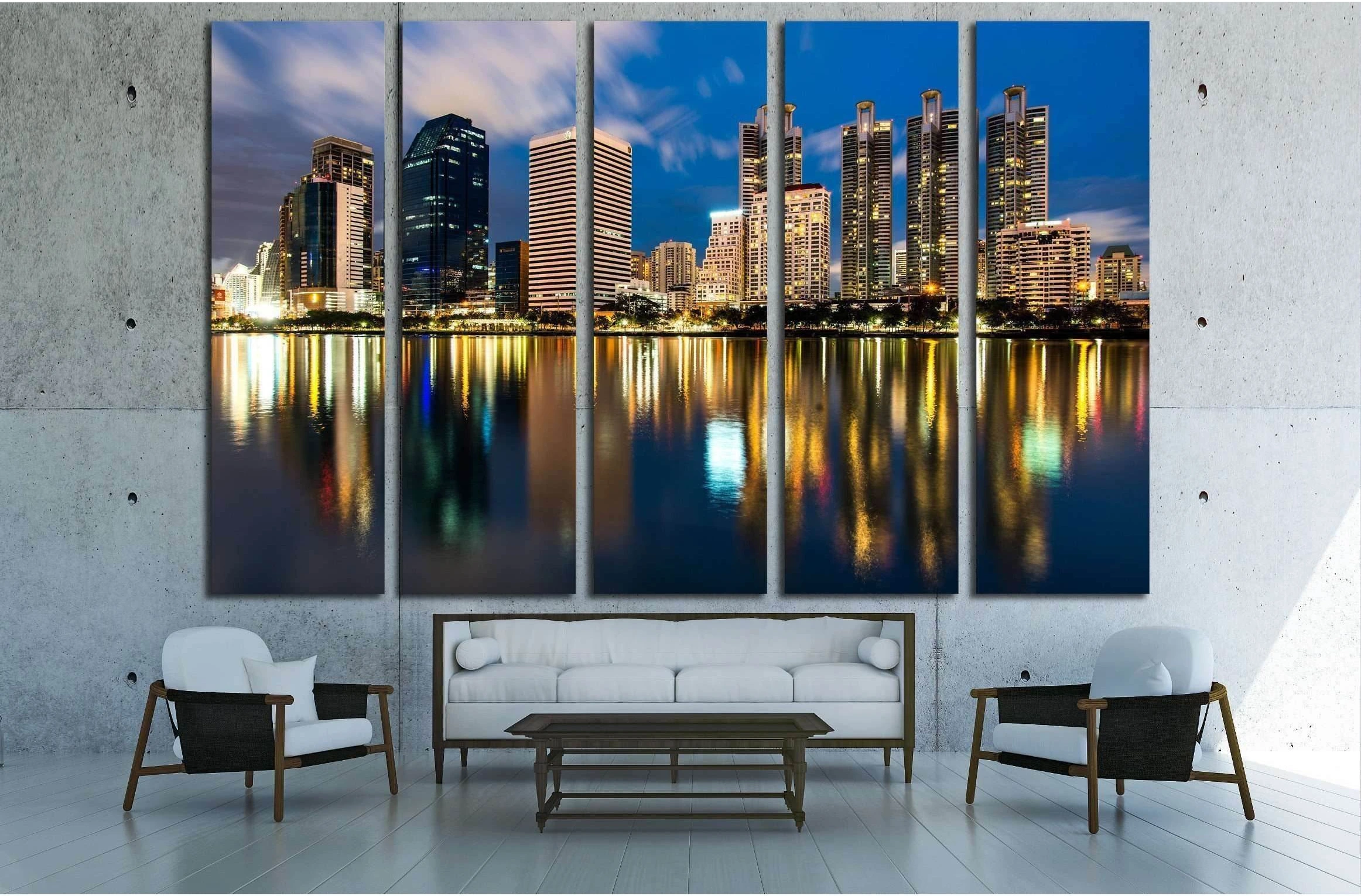 reflection of lighting city scape at night, bangkok №2260 Ready to Hang Canvas Print - Zellart Canvas Prints ALL_Products, s-2260