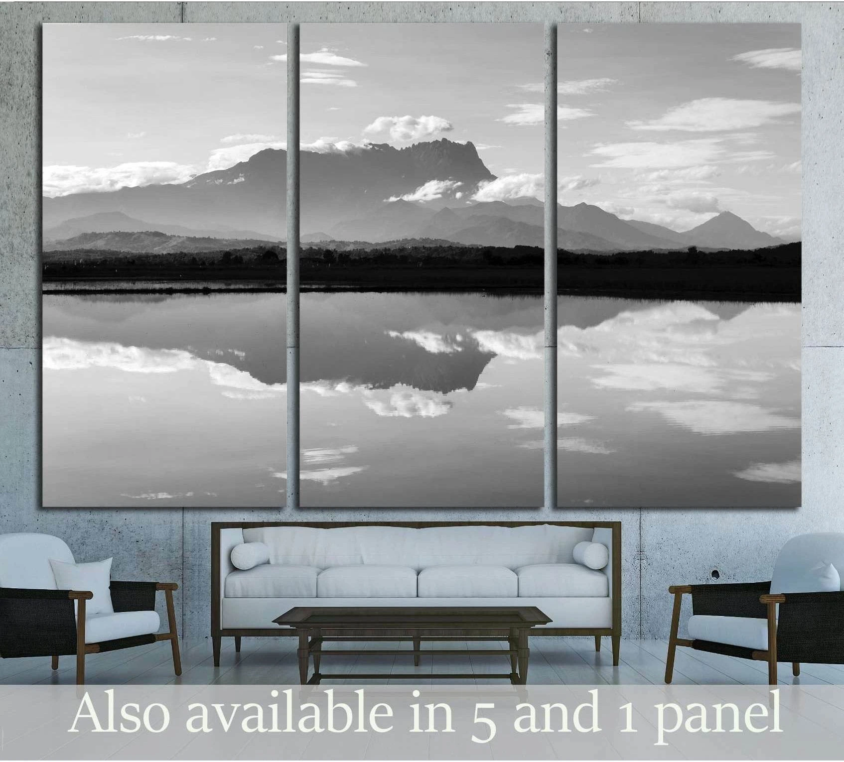 Black and white Mount Kinabalu canvas print with mountain reflection above a sofa
