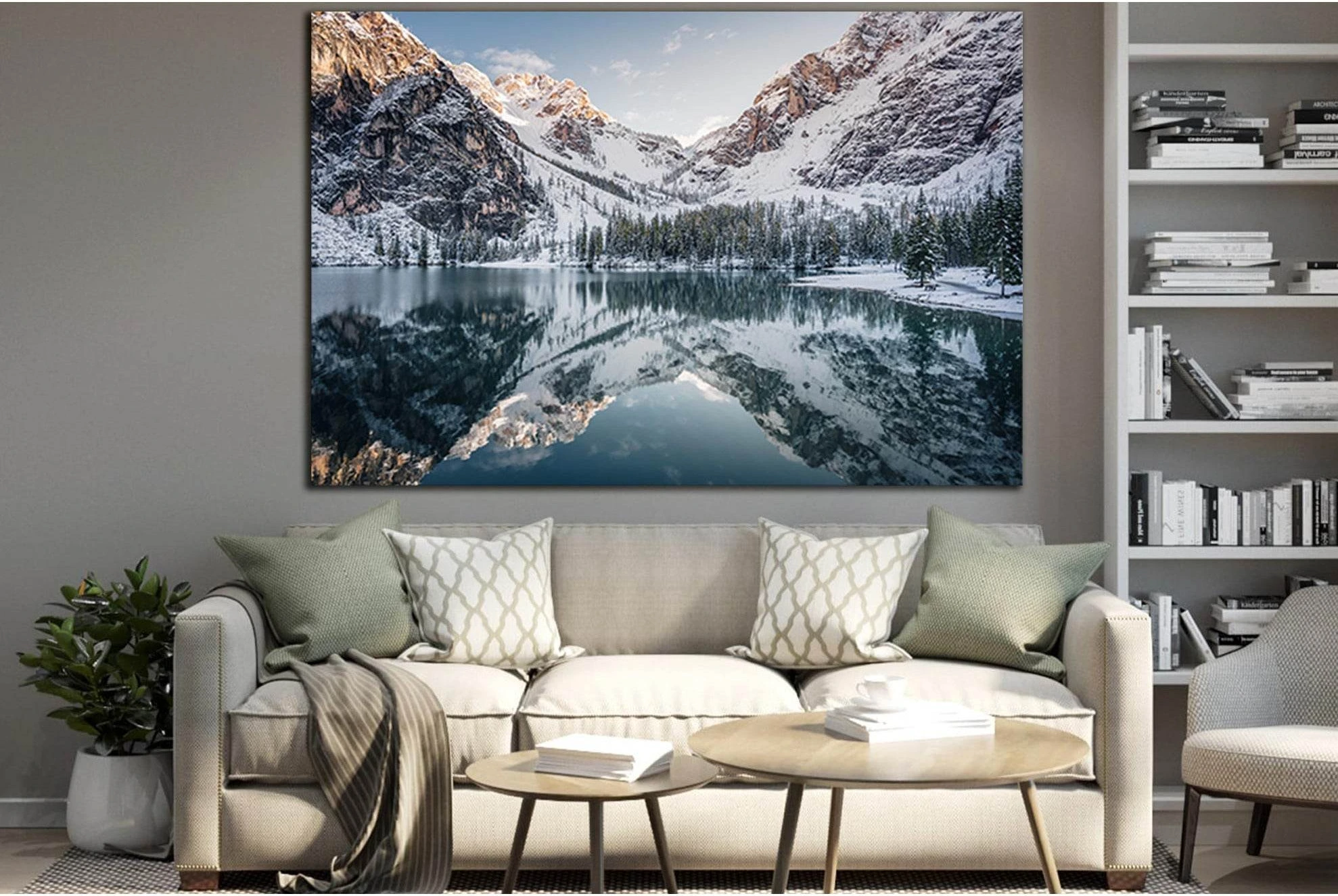 Winter Mountain Lake Reflection Canvas Print in Cool Greys chosen as grey-blue bedroom landscapes for calm grey-blue water depth.