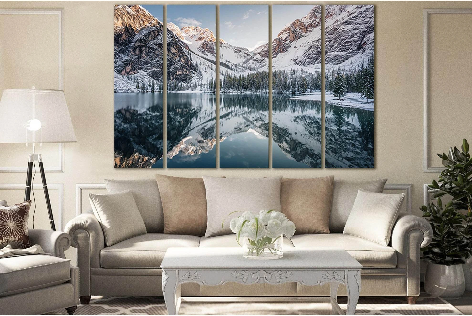 Reflection Of Winter Mountains In The Lake №SL1589 Ready to Hang Canvas Print - Zellart Canvas Prints 0new, ALL_Products, Mountains Wall Art, Nature Wall Art