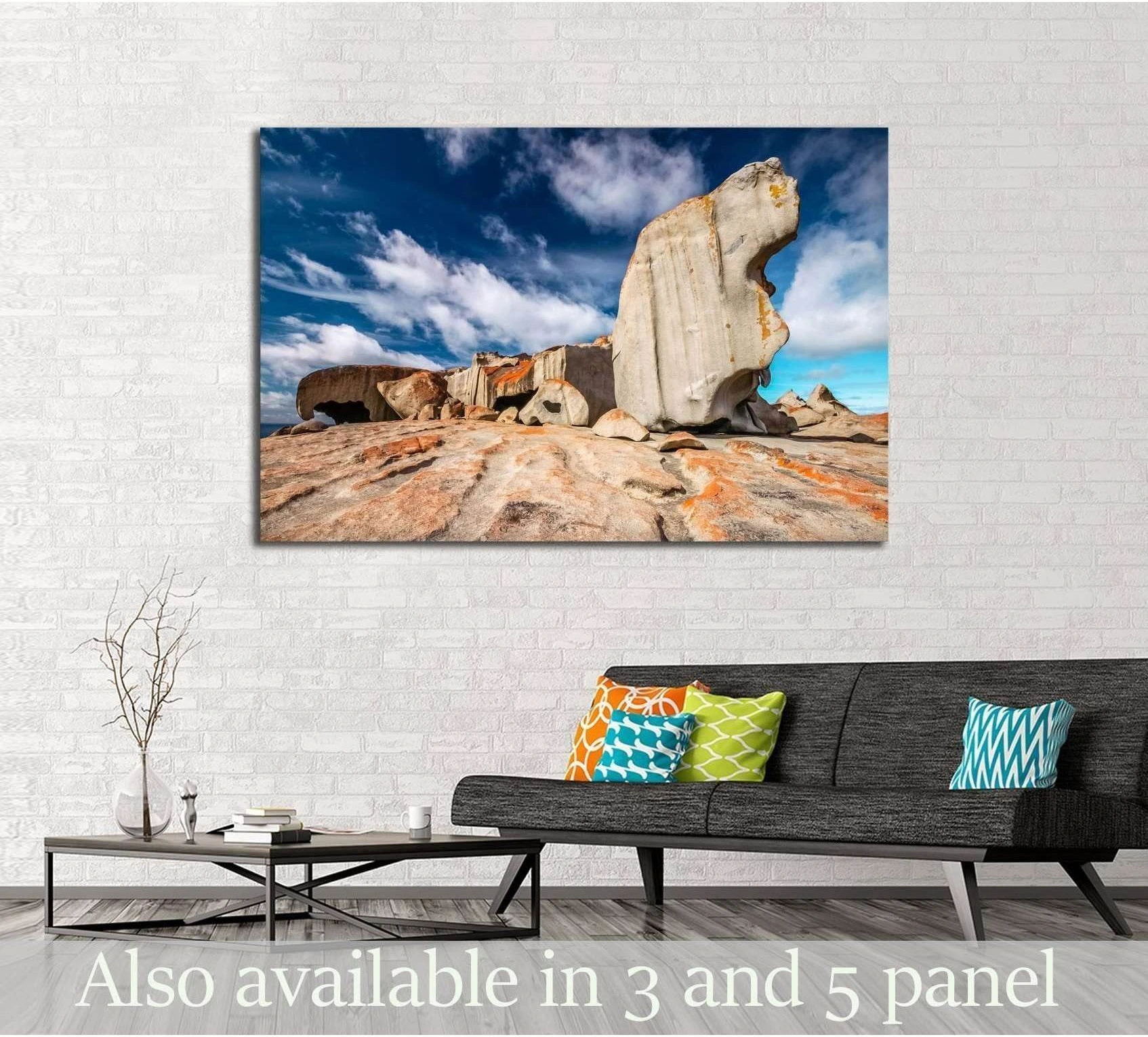 Remarkable Rocks canvas print with sculpted granite under blue sky above sofa in a modern living room
