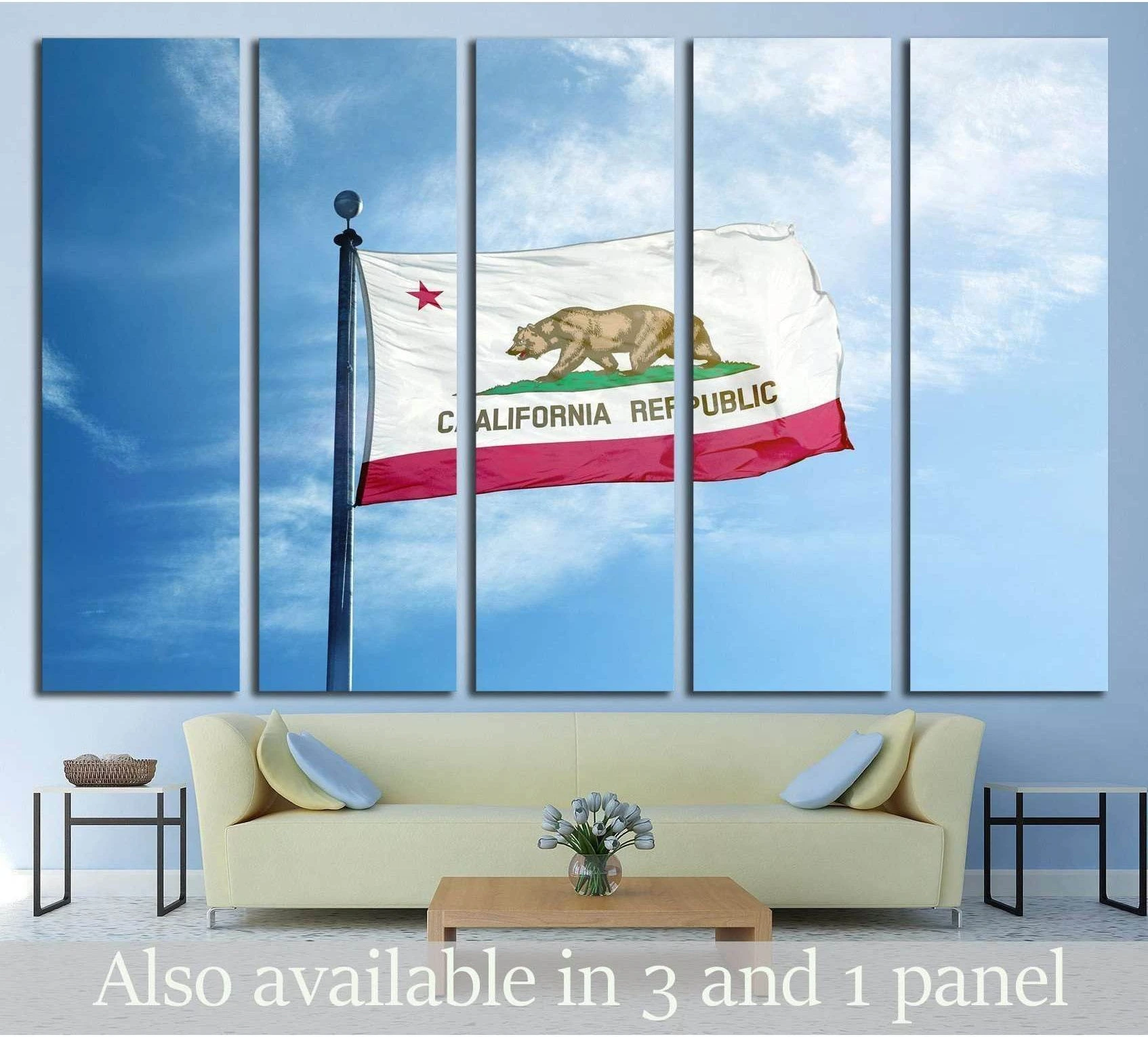 California Republic flag canvas print flying on a mast against blue sky above a sofa