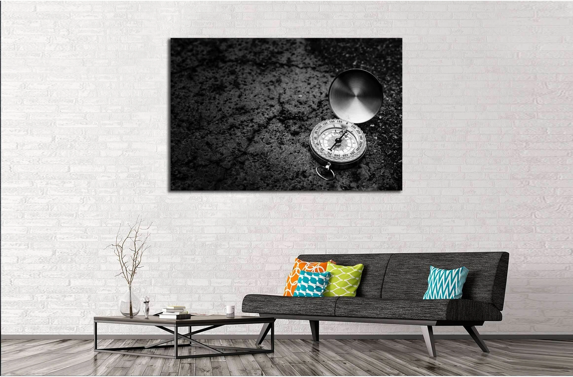 Retro compass on road texture background, black and white tone, journey of life concept №2817 Ready to Hang Canvas Print - Zellart Canvas Prints ALL_Products, s-2817
