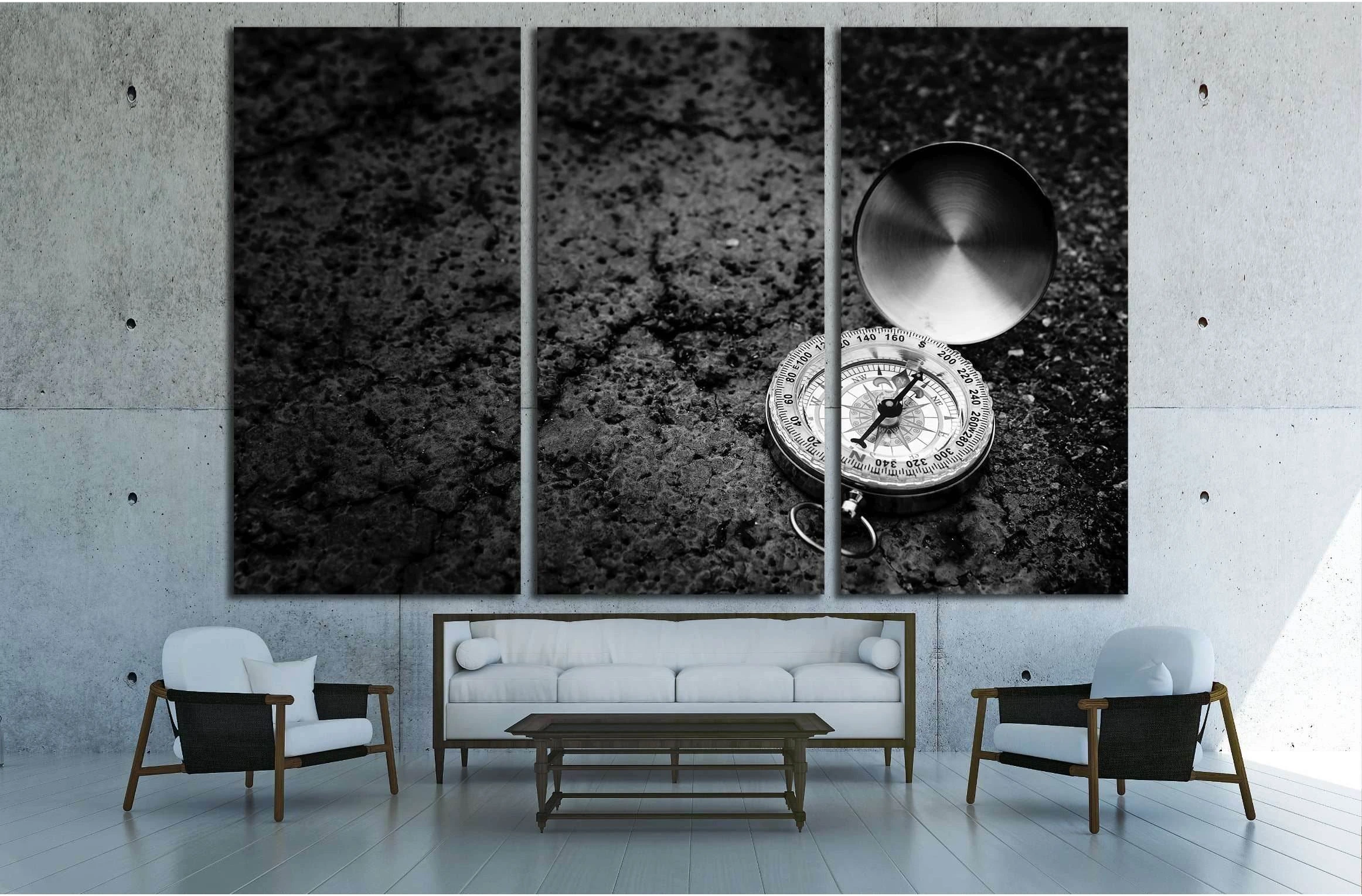 Retro compass on road texture background, black and white tone, journey of life concept №2817 Ready to Hang Canvas Print - Zellart Canvas Prints ALL_Products, s-2817