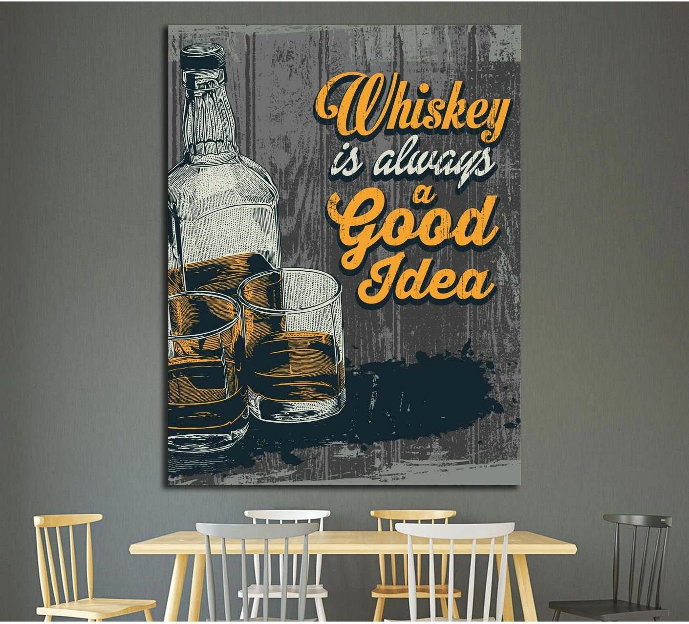 Retro design Whiskey Is Always A Good Idea with whiskey in two glasses and bottle №4574 Ready to Hang Canvas Print - Zellart Canvas Prints ALL_Products, s-4574