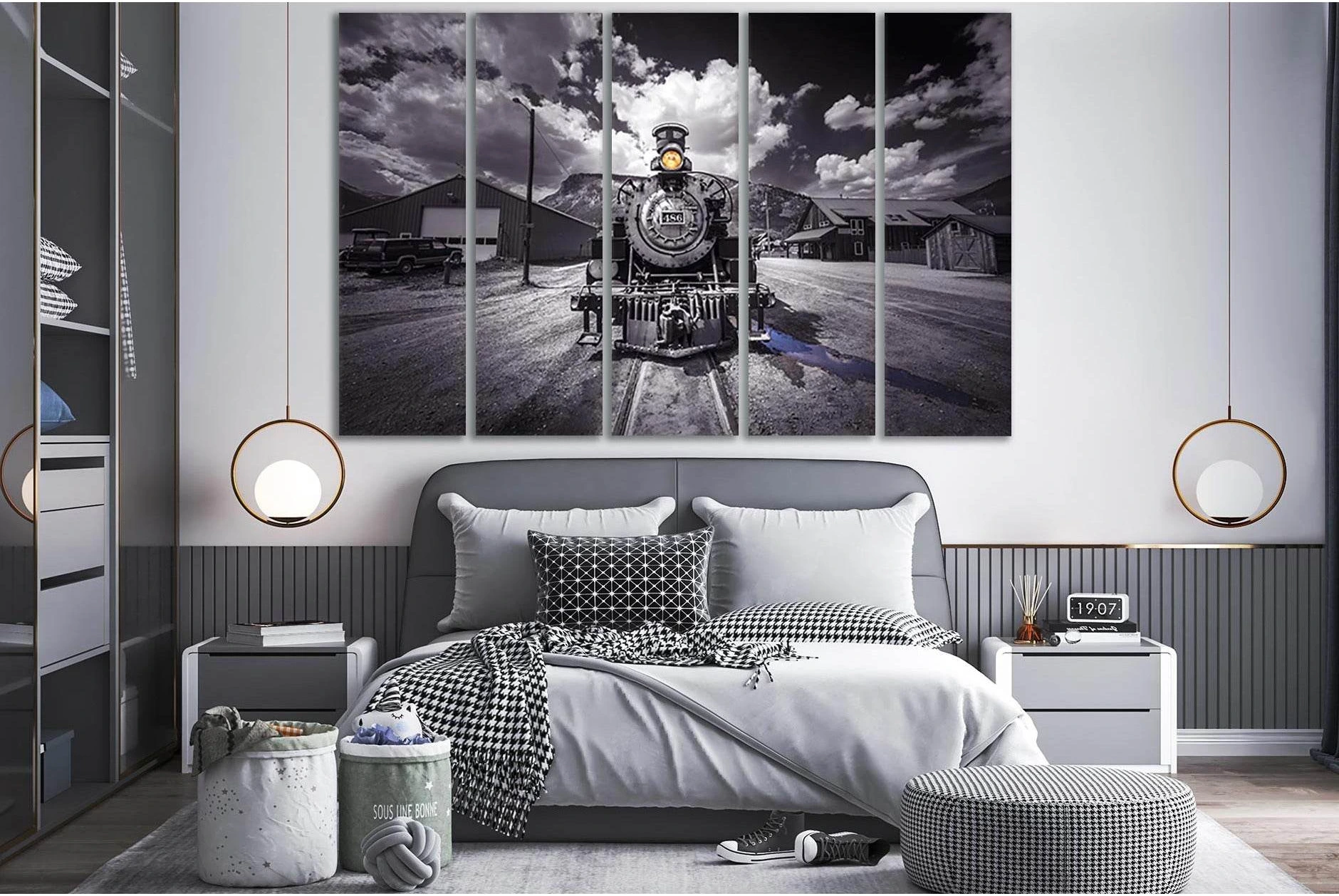 Retro Train Black And White №SL743 Ready to Hang Canvas Print - Zellart Canvas Prints 0new, ALL_Products, Engine, Engines Wall Art