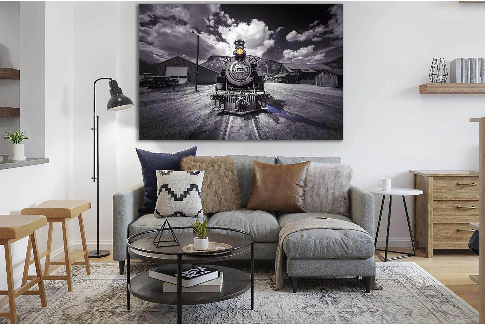 Retro Train Black And White №SL743 Ready to Hang Canvas Print - Zellart Canvas Prints 0new, ALL_Products, Engine, Engines Wall Art
