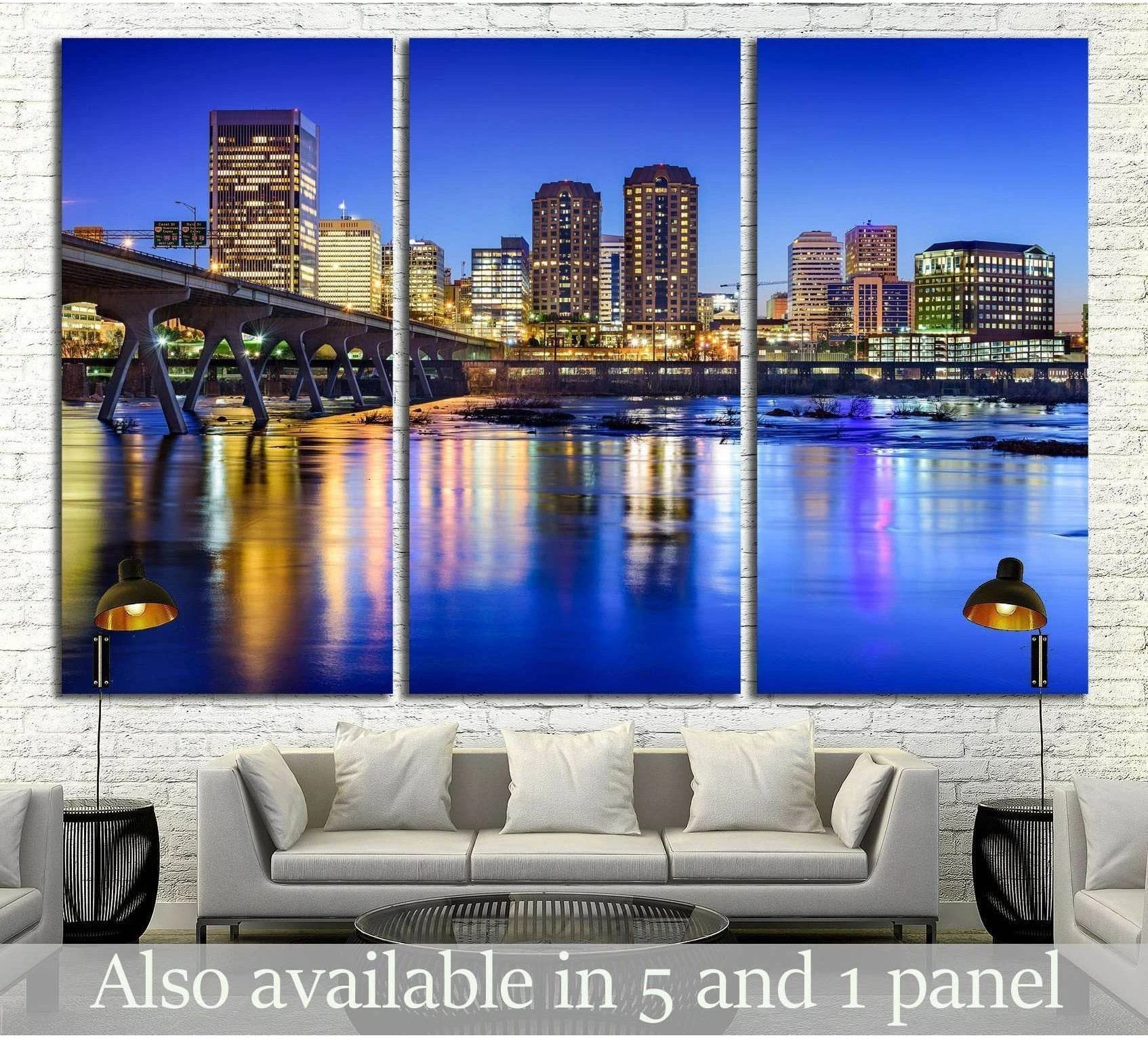 Richmond Virginia skyline canvas print over the James River at dusk in a triptych above a sofa