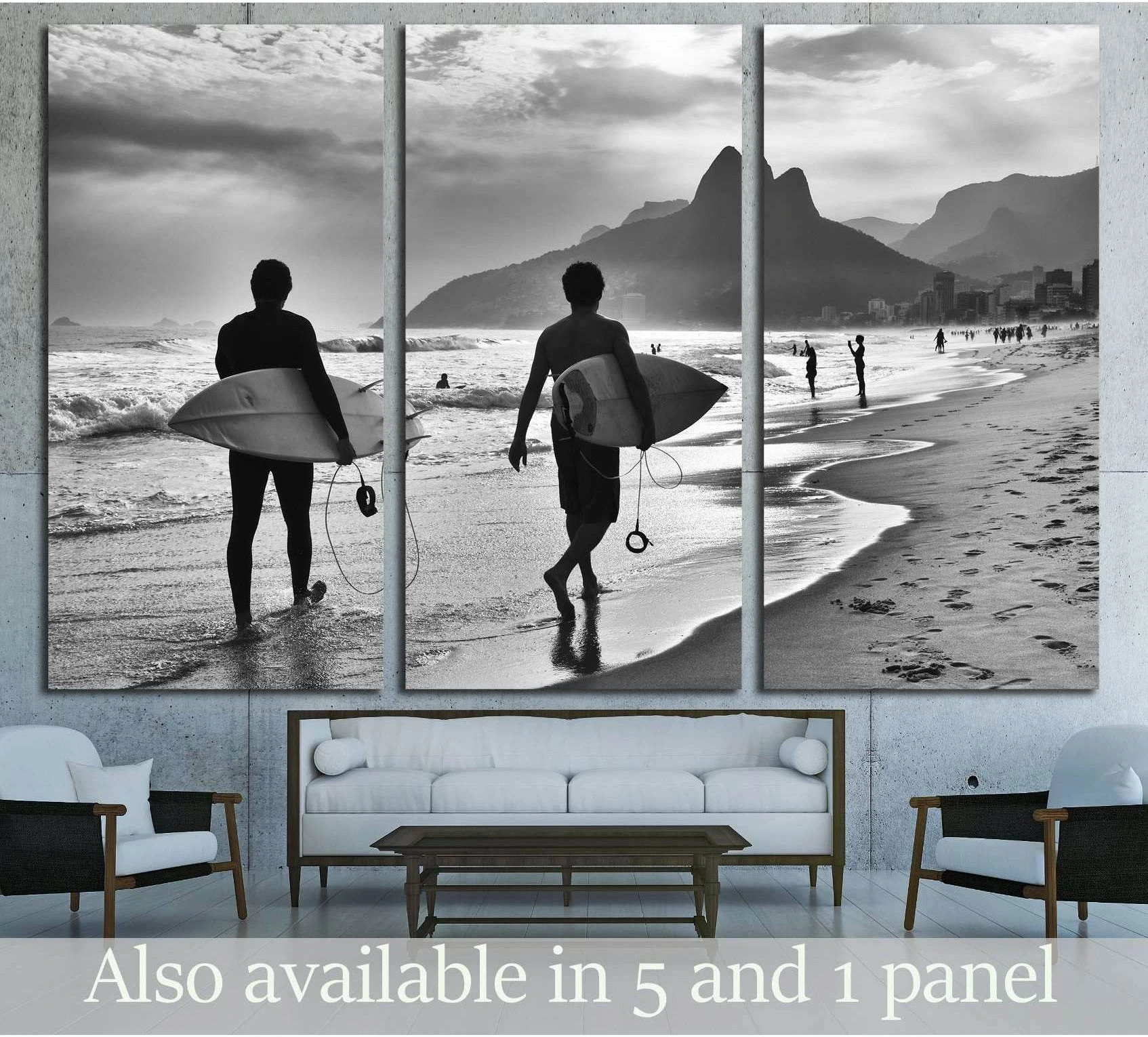 Black and white Rio de Janeiro surf canvas print with surfers on Ipanema beach triptych