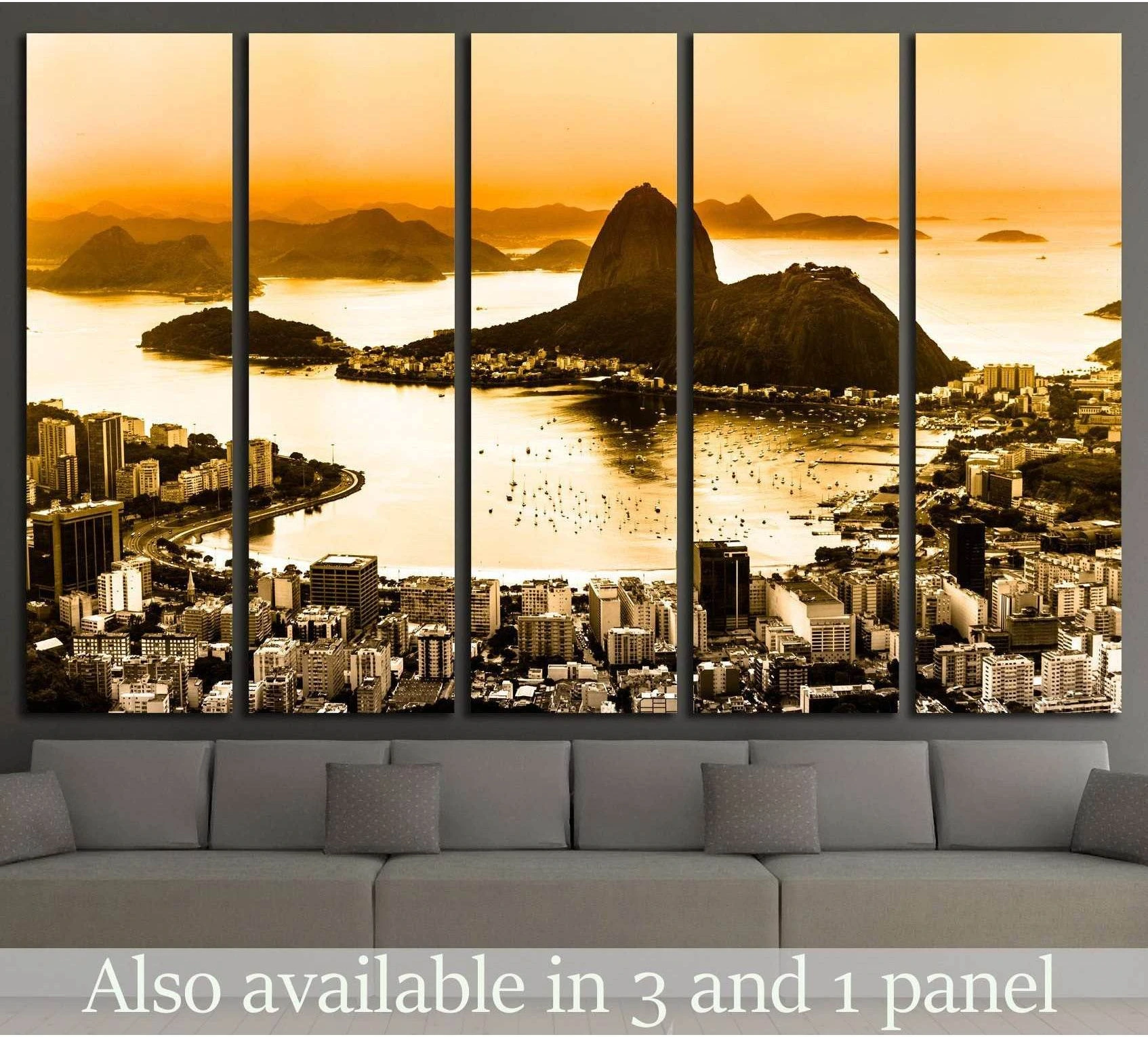 Rio de Janeiro sunset canvas print with Sugarloaf Mountain and Botafogo Bay displayed above a sofa in a modern living room