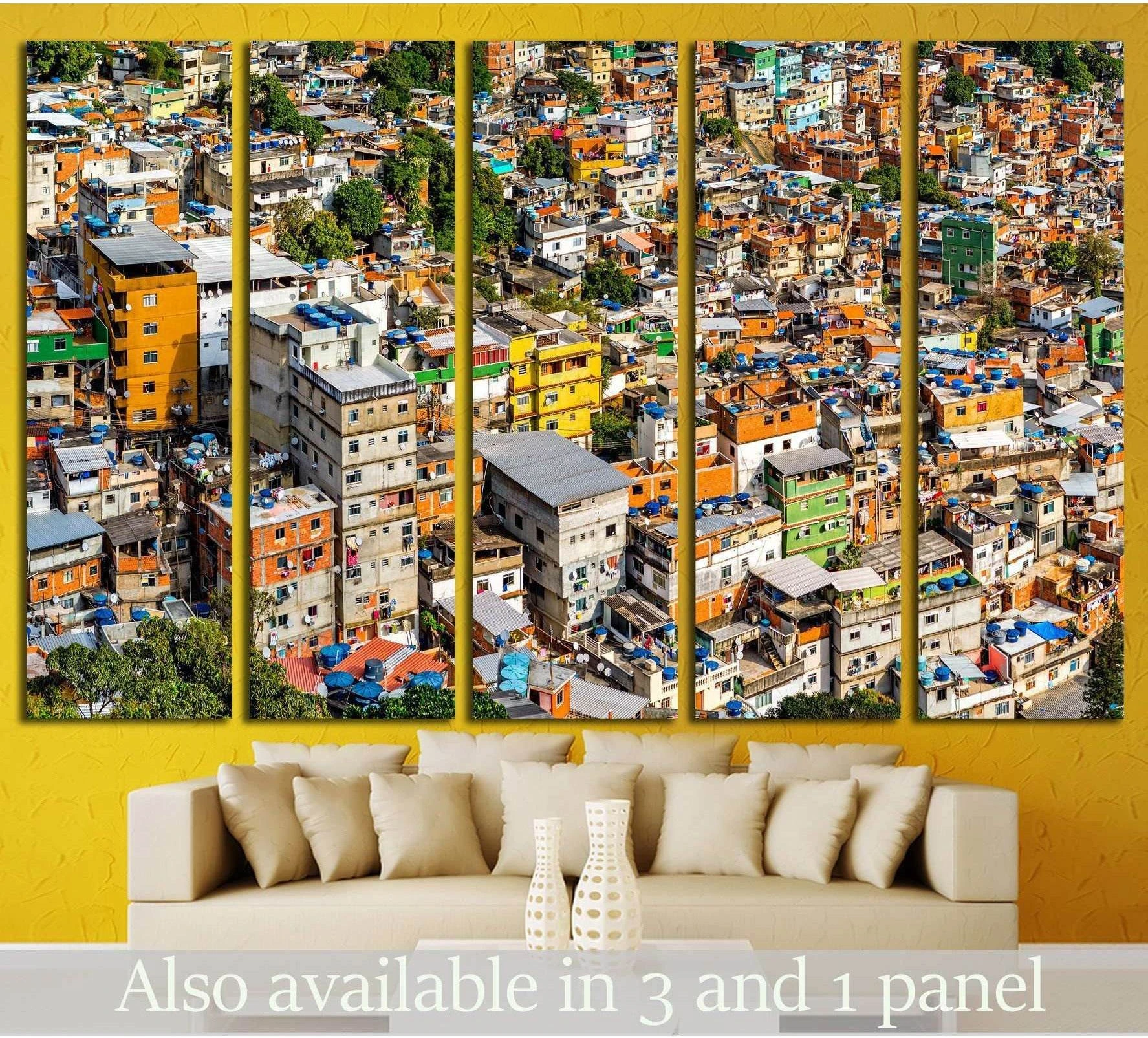 Rio Rocinha favela canvas print with colorful hillside homes displayed above a sofa in a modern living room
