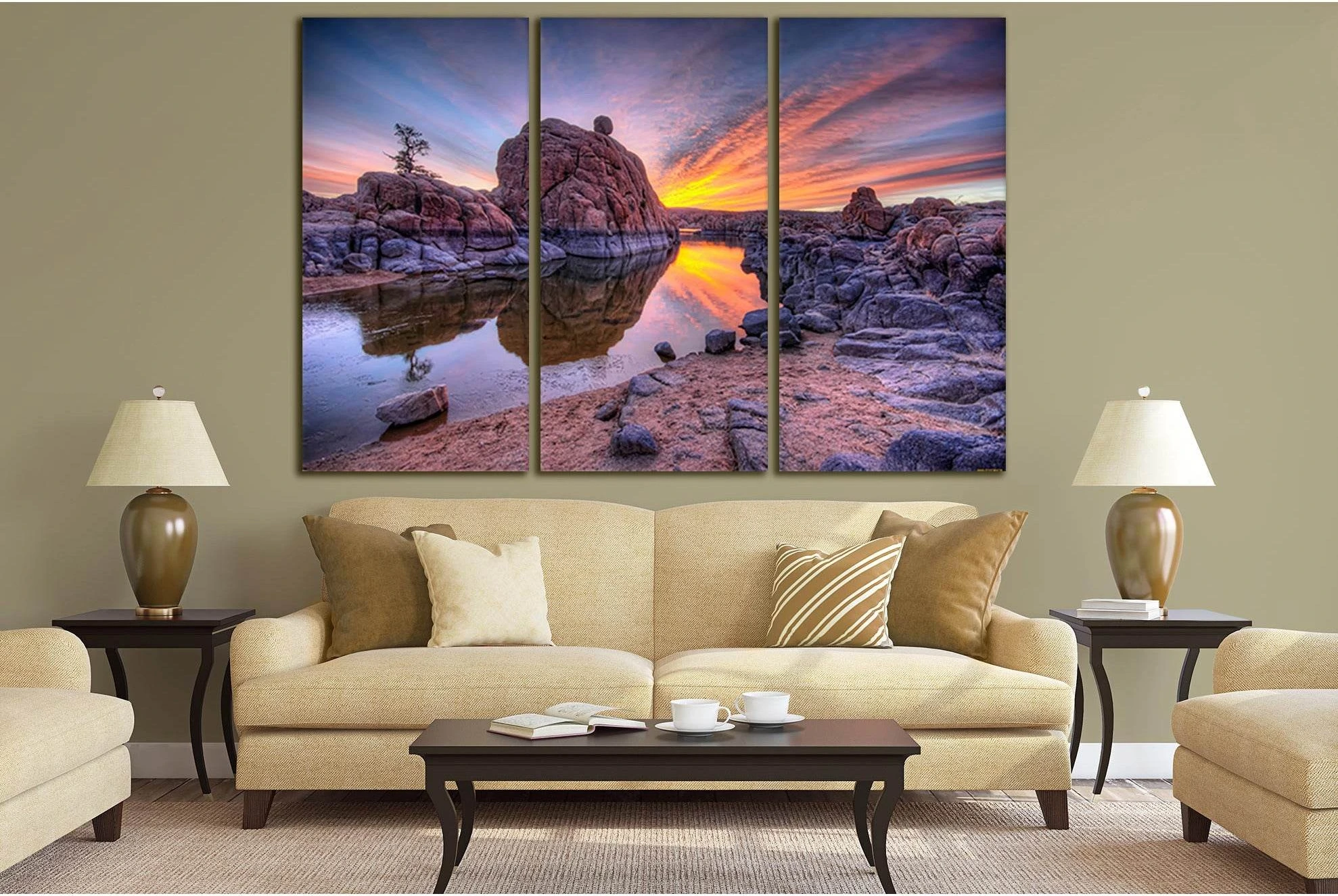 River Among Rocks Sunset №SL257 Ready to Hang Canvas Print - Zellart Canvas Prints 0new, ALL_Products, SUNRISE & SUNSET WALL ART