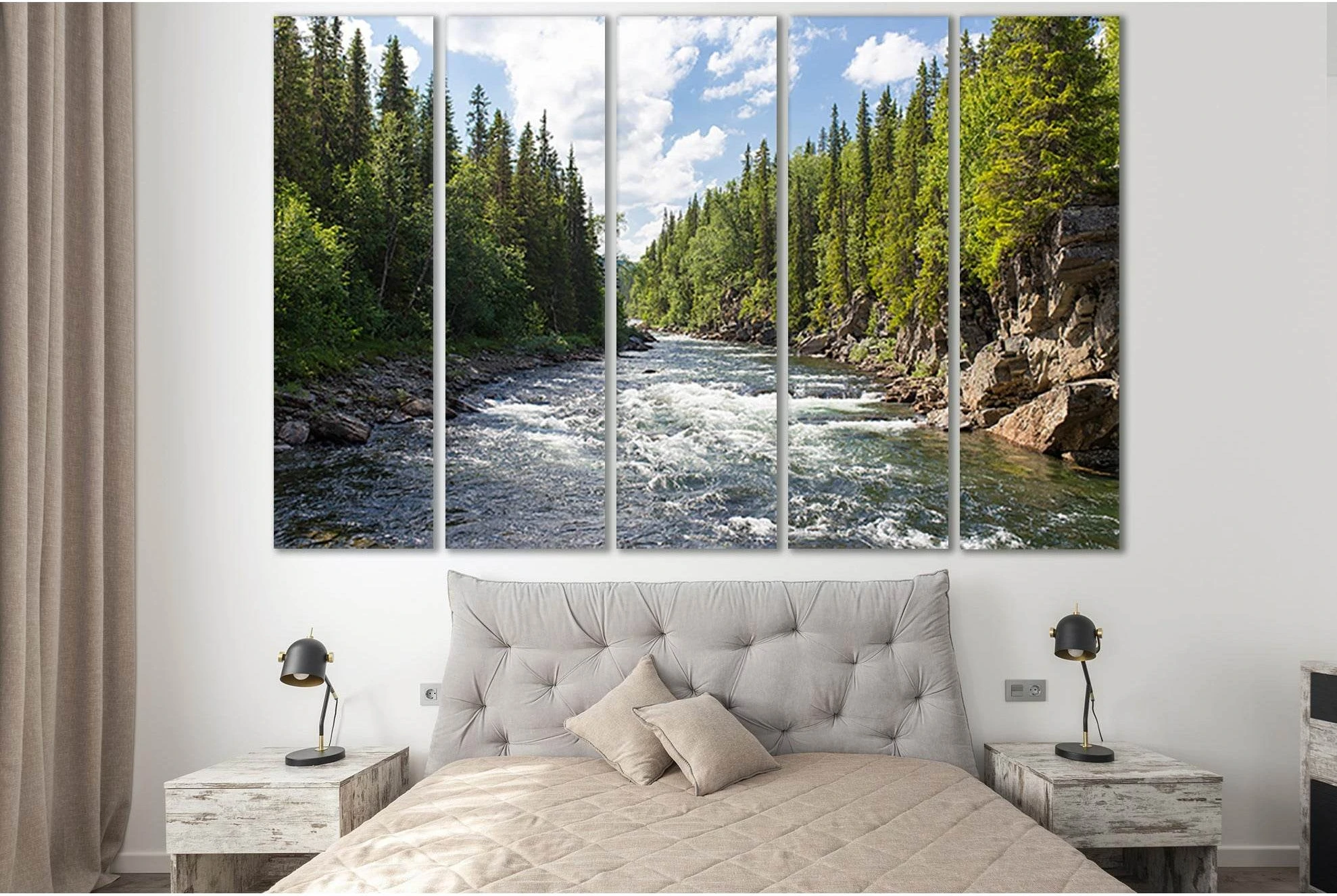River And Coniferous Trees №SL506 Ready to Hang Canvas Print - Zellart Canvas Prints 0new, ALL_Products, Trees Wall Art