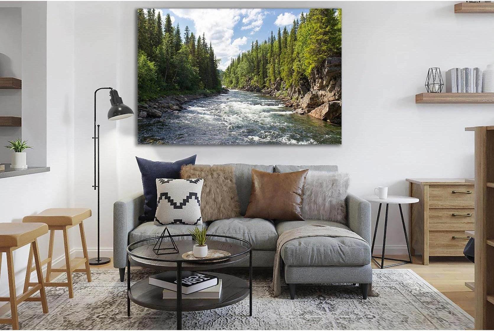 River And Coniferous Trees №SL506 Ready to Hang Canvas Print - Zellart Canvas Prints 0new, ALL_Products, Trees Wall Art