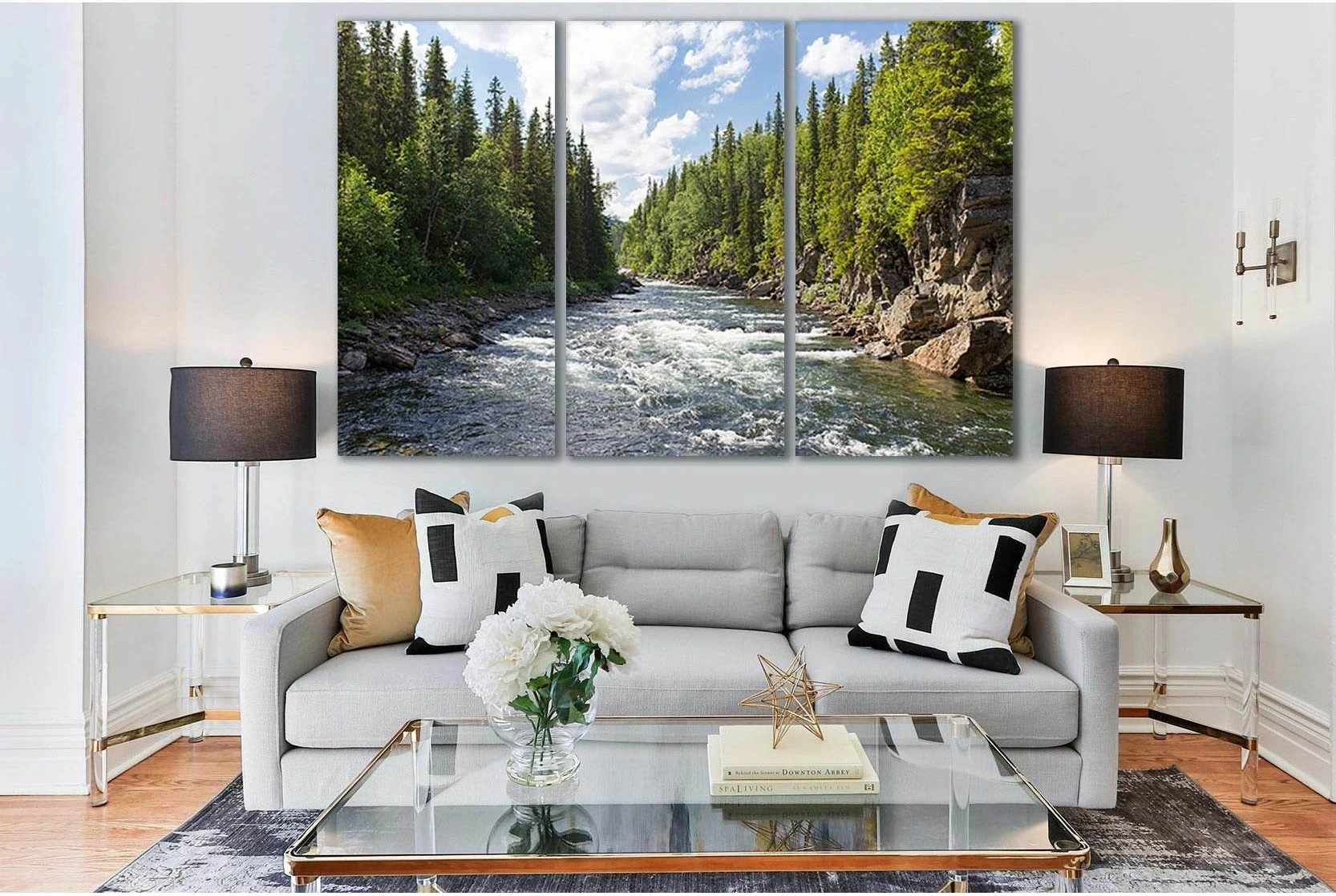 River And Coniferous Trees №SL506 Ready to Hang Canvas Print - Zellart Canvas Prints 0new, ALL_Products, Trees Wall Art