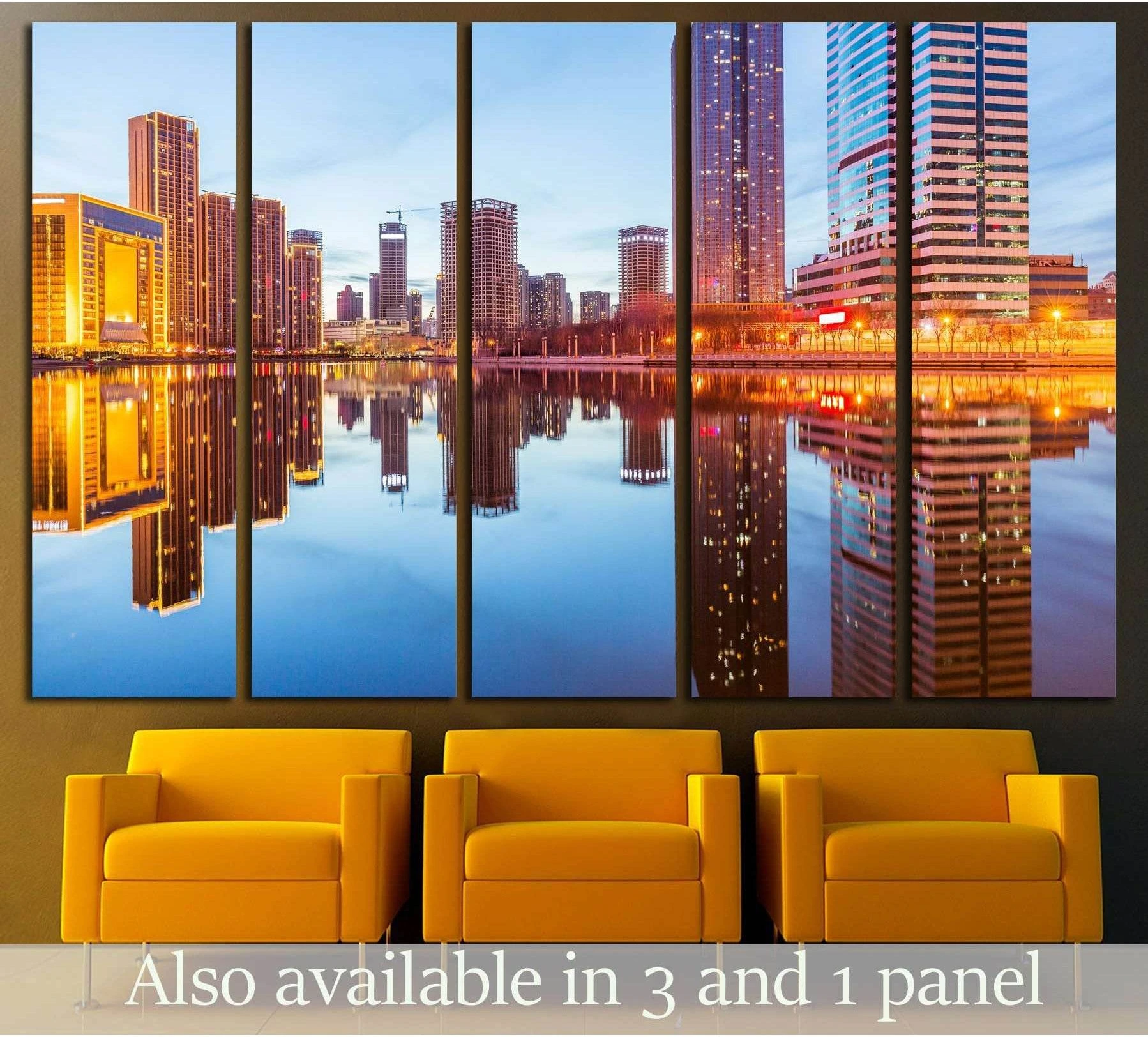 Tianjin skyline canvas print with river reflections hung above chairs in a modern living room