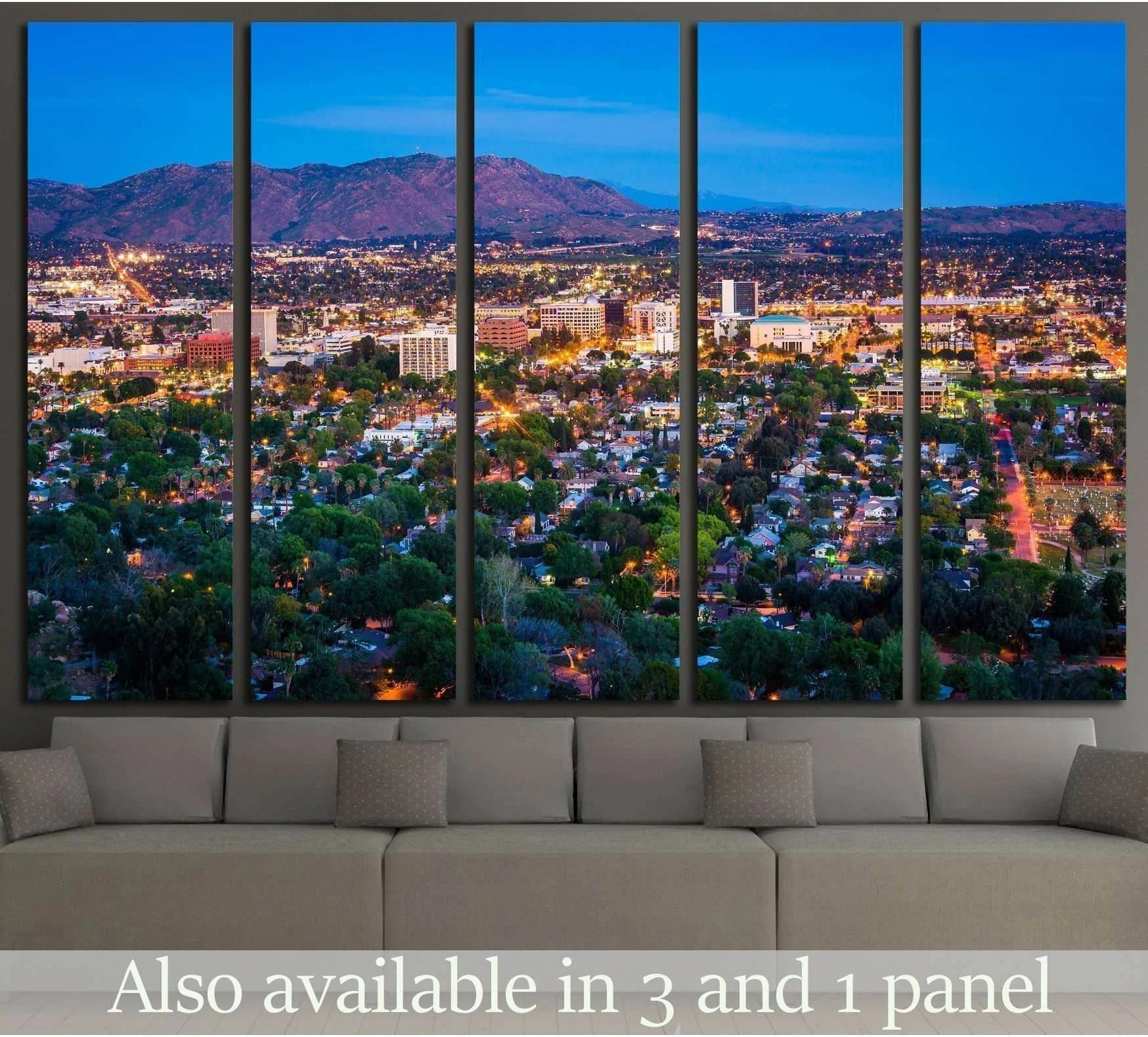 Riverside skyline canvas print with Mount Rubidoux at twilight above sofa in modern living room