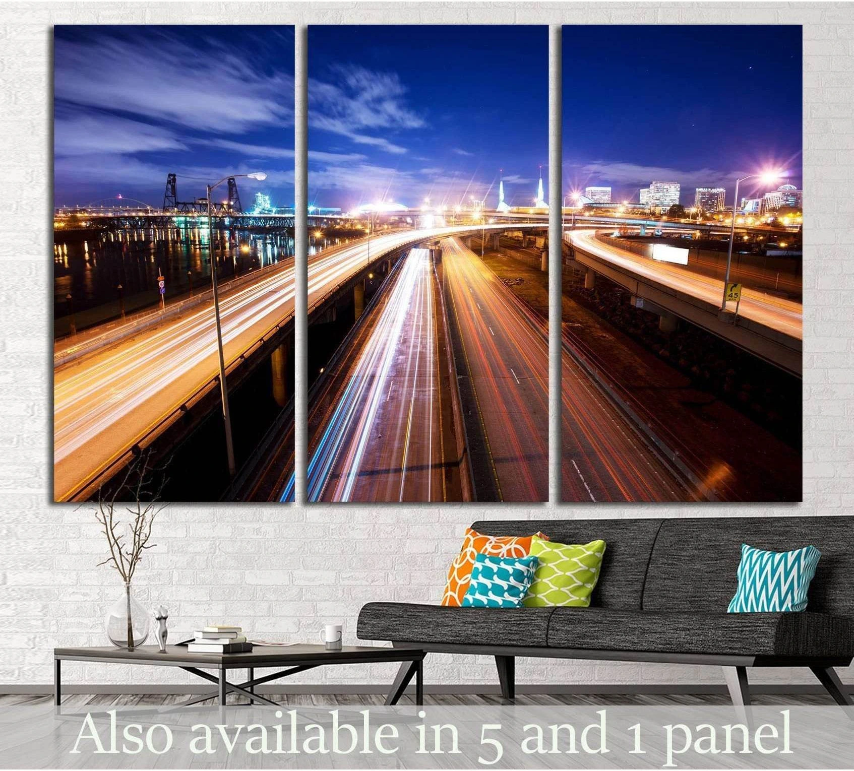 Portland night highway triptych canvas print with long exposure traffic lights above sofa