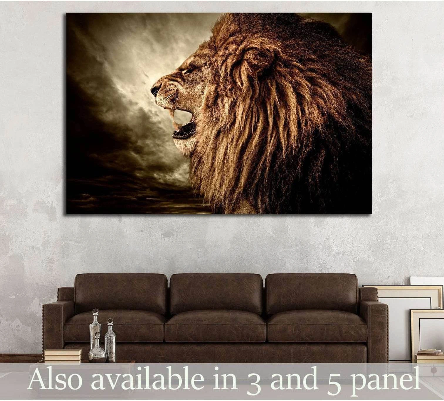 Roaring lion canvas print with stormy sky hung above a brown sofa in a modern living room
