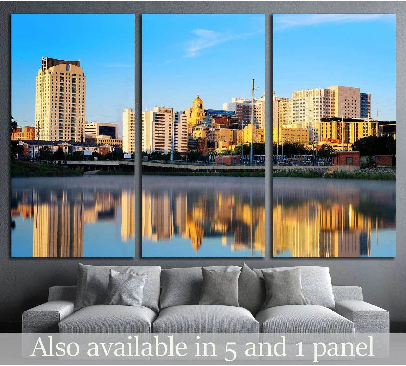 Rochester Minnesota skyline canvas print with river reflections above a gray sofa