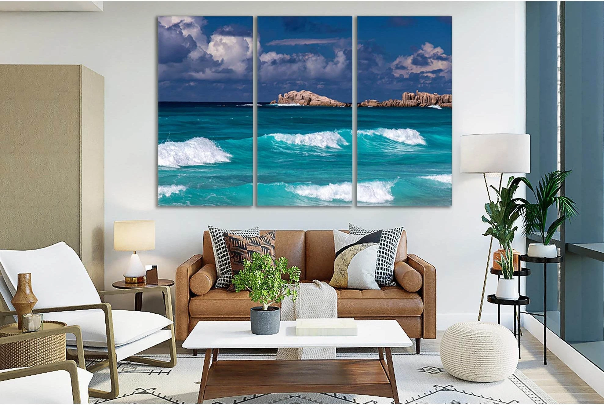 Ocean Waves Triptych Canvas Print with Rocky Shoreline showing ocean water, wave movement and surf.