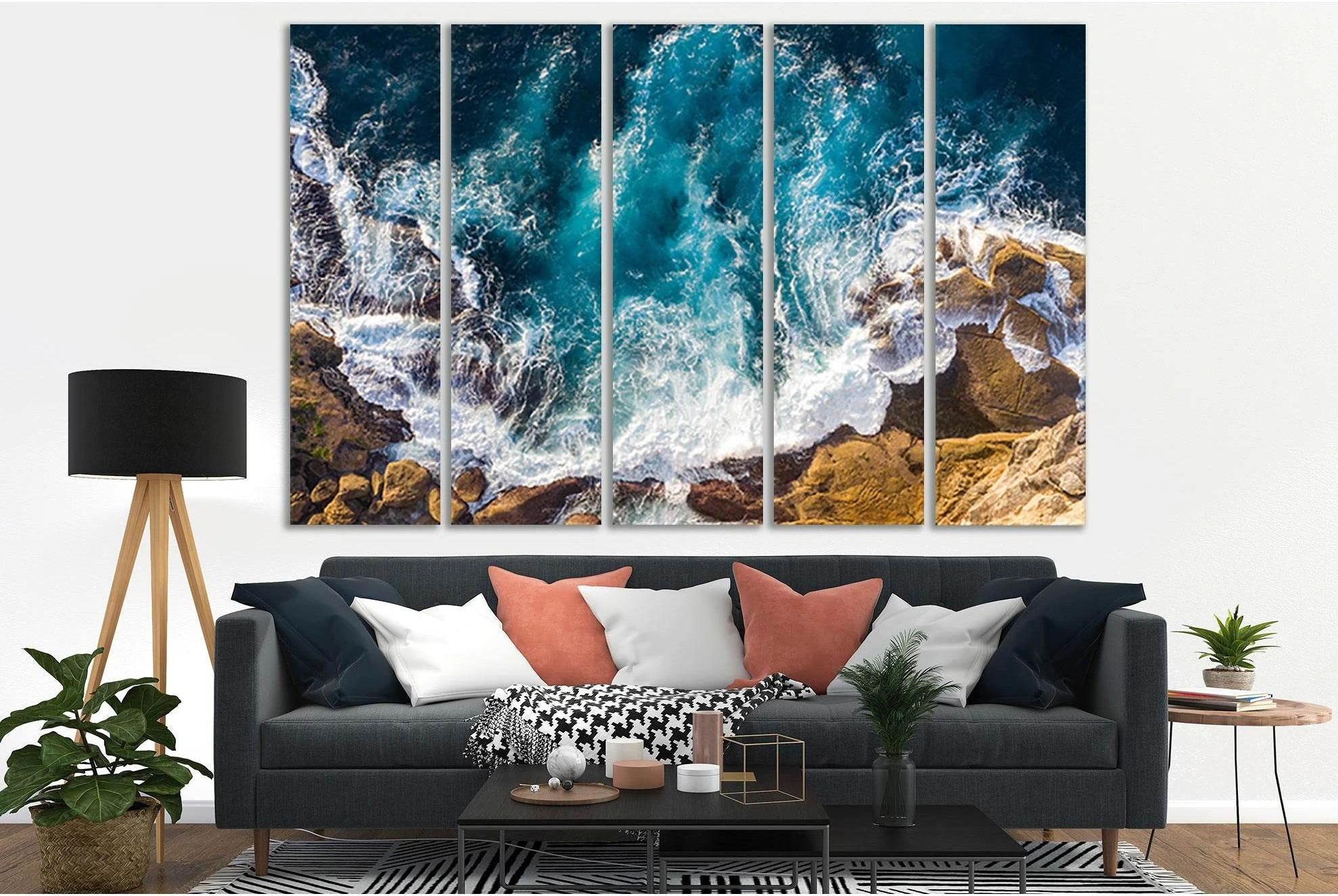 Ocean Waves Canvas Print with Blue Teal Water & Golden Rocks showing ocean water, wave movement and surf.