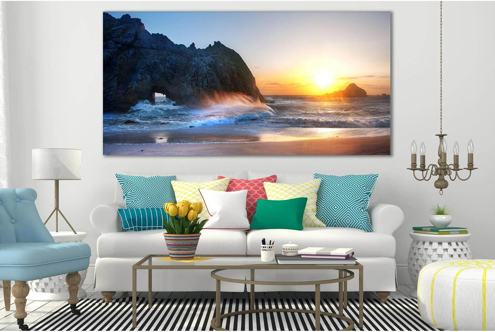 Rocks Waves Beach Sunset №SL255 Ready to Hang Canvas Print - Zellart Canvas Prints 0new, ALL_Products, SUNRISE & SUNSET WALL ART