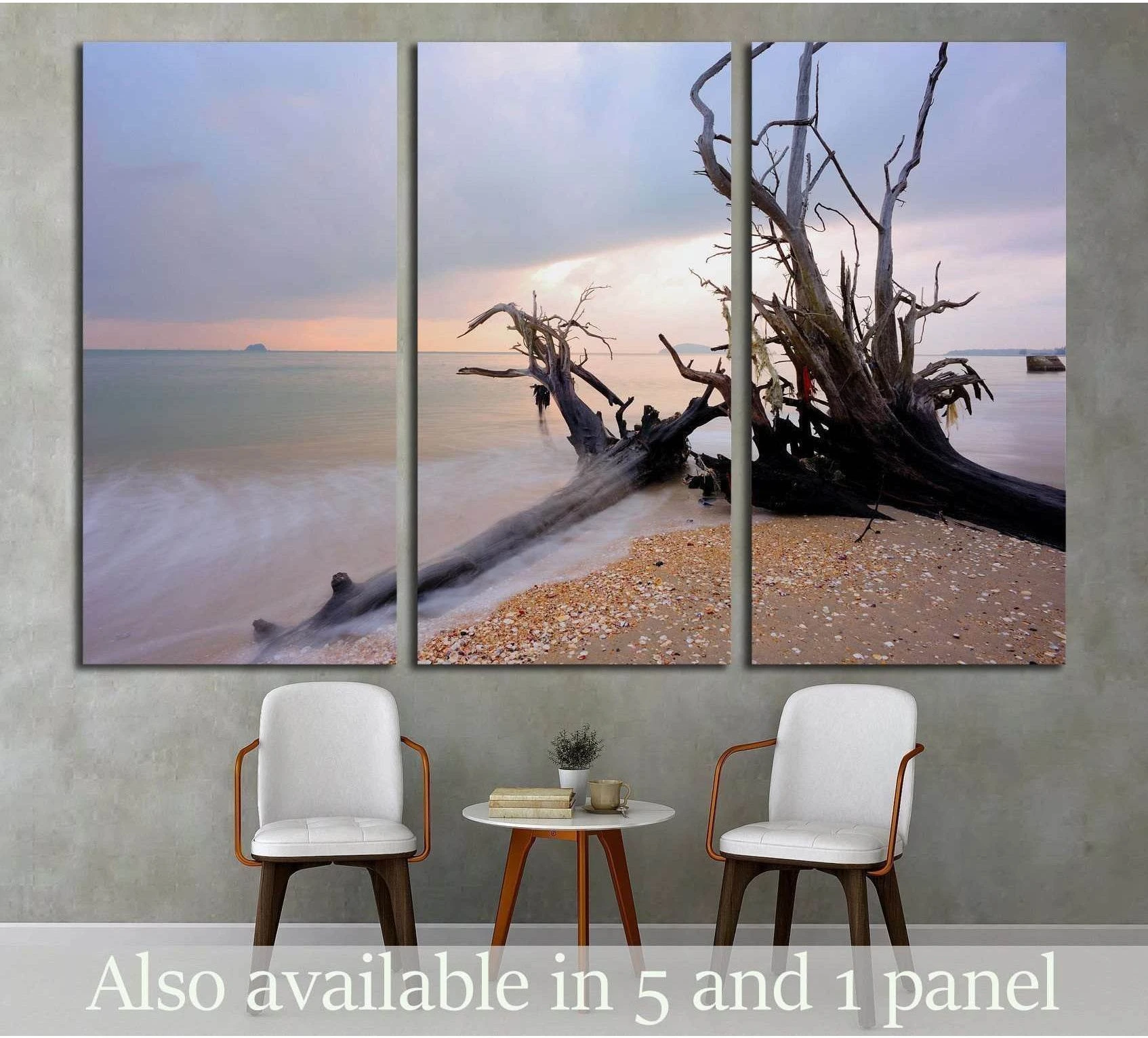 Triptych driftwood beach canvas print with weathered roots, pastel sea and soft sky above chairs